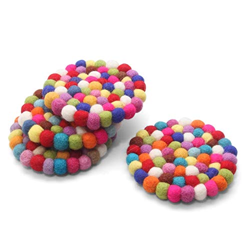 Handmade Wool Felt Ball Coasters Set of 4 - Non-Slip Round Pom Pom Drink Coasters for Hot & Cold Beverages - Perfect Housewarming Gift, Dining Table Decor, Tea Cup & Coffee Mug Mats - Great for Parties, Home Decor & Office Use