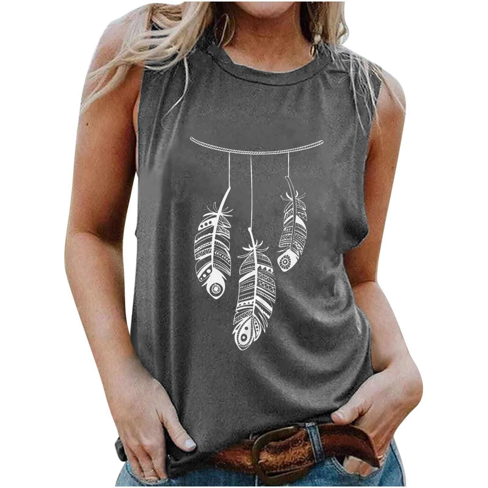 Plus Size Women's Graphic Tank Top - Feather Print Sleeveless Loose Fit Summer Tee | Comfortable Casual Wear for Beach, Gym & Everyday Outfits