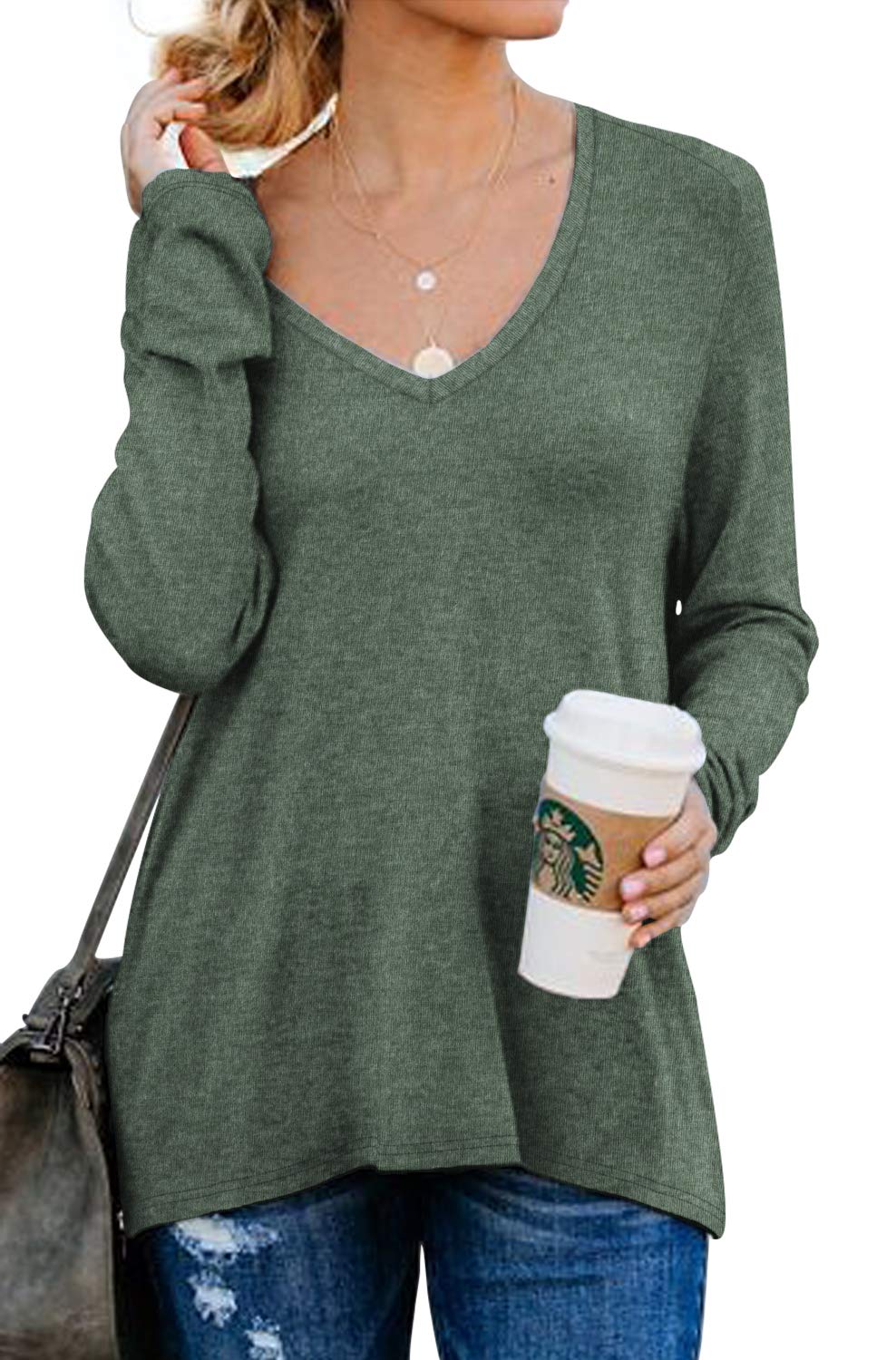 PrinStory Women's V-Neck Raglan Sweatshirt with Side Zipper - Casual Long Sleeve Tops for Everyday Wear