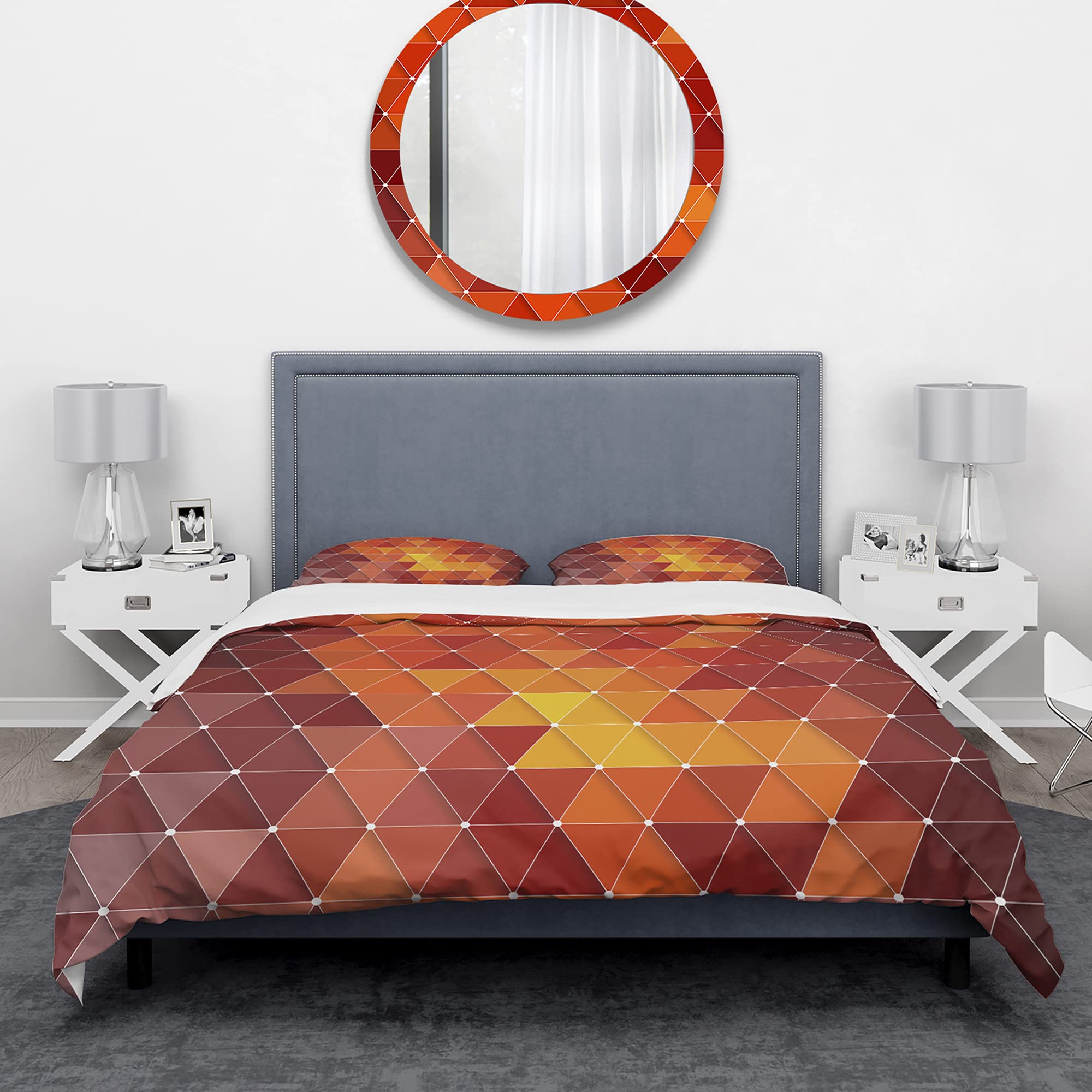 DesignQ Red & Orange Geometric Duvet Cover Set - Twin Size 3-Piece Modern Bedding, Contemporary Triangle Pattern, All-Season Comfort for Home & Guest Room Decor