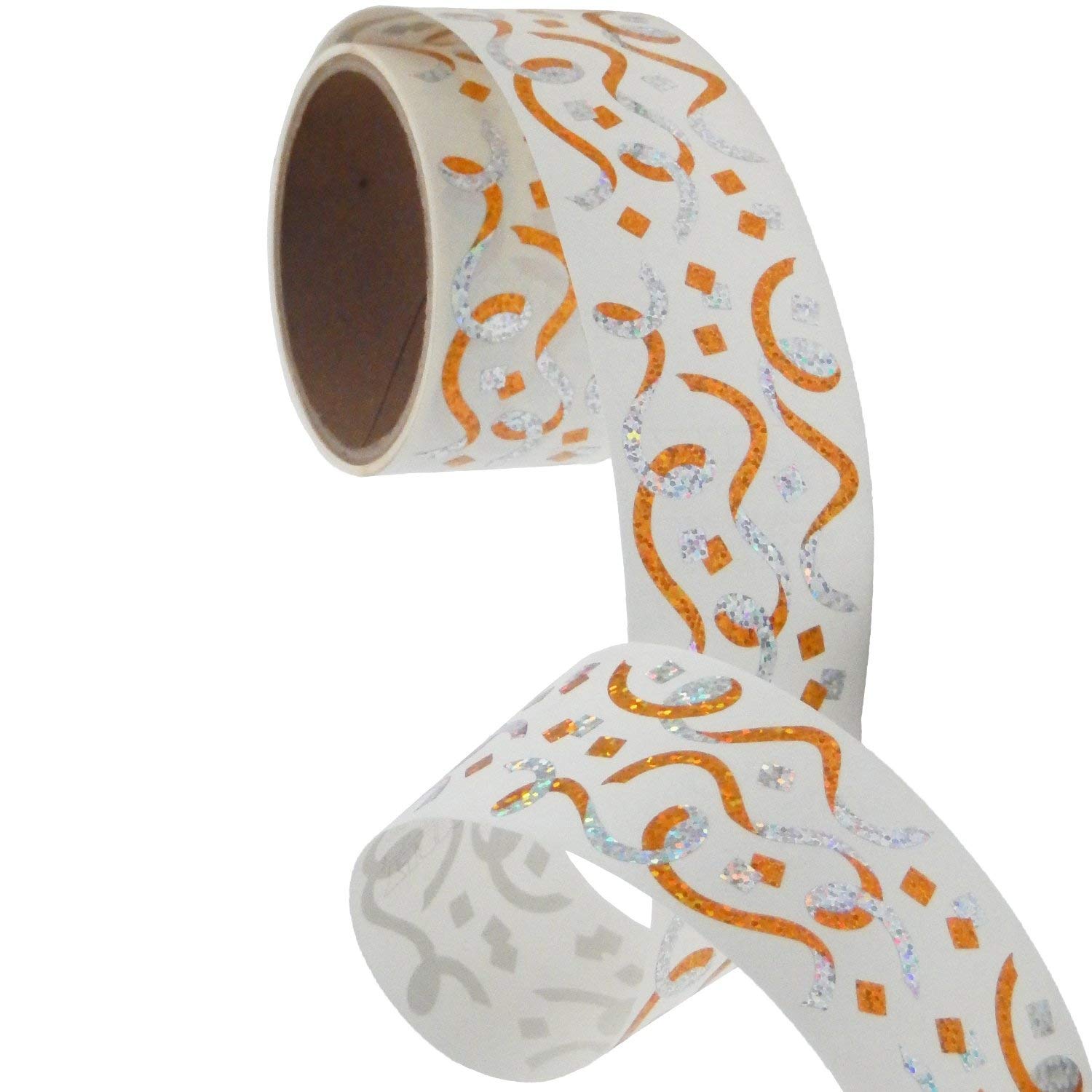Bulk Roll Birthday Themed Prismatic Stickers, Streamers & Confetti - Gold & Silver (50 Repeats) for Party Decorations, Gift Wrapping & Scrapbooking