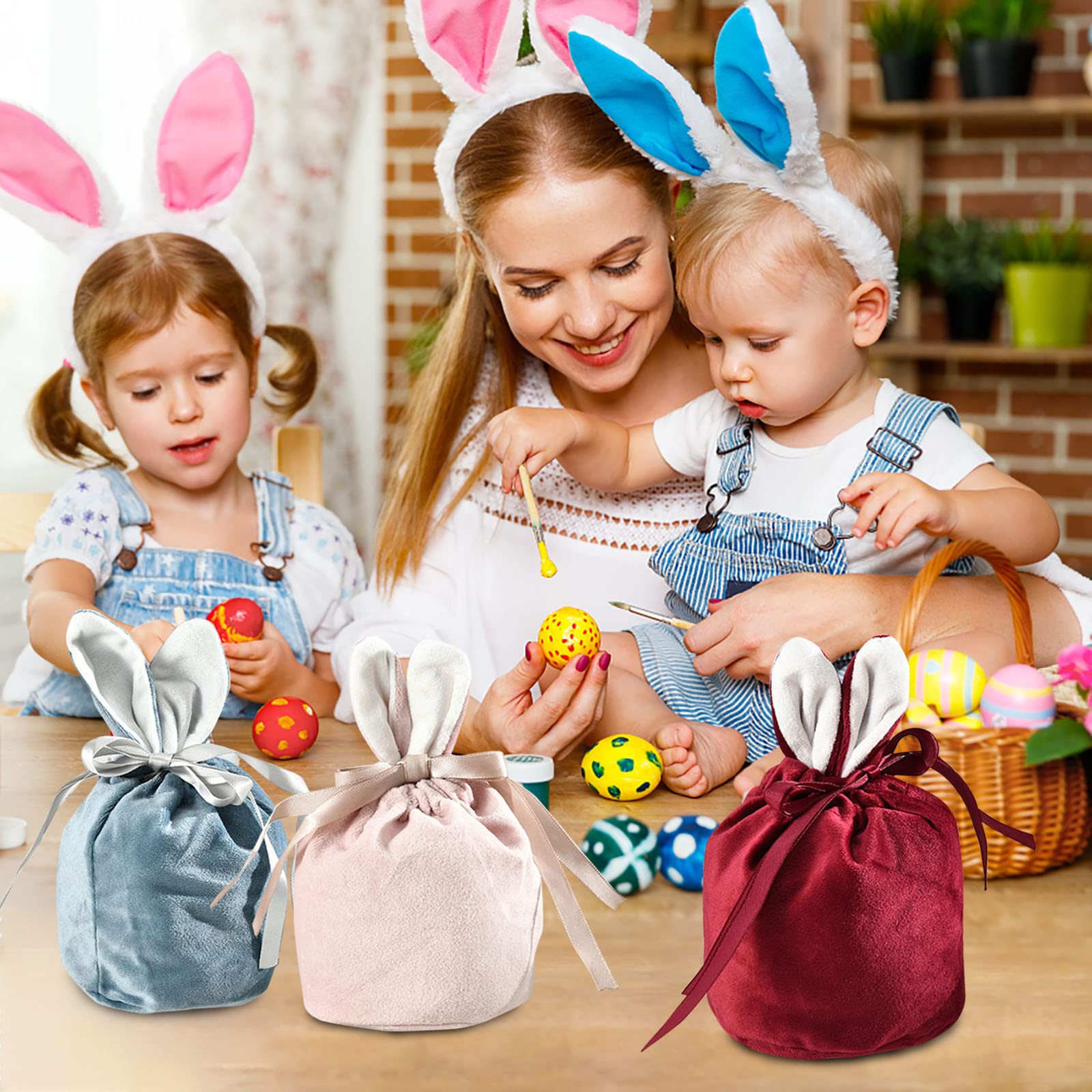 3PCs Velvet Easter Bunny Gift Bags with Drawstrings - 5.5x6.3in Rabbit Ear Treat Bags for Easter Basket, Birthday Party Favors & Candy Wrapping (Red, Pink, Blue) - Perfect for Easter Egg Hunts, Spring Celebrations & Kids' Party Favors
