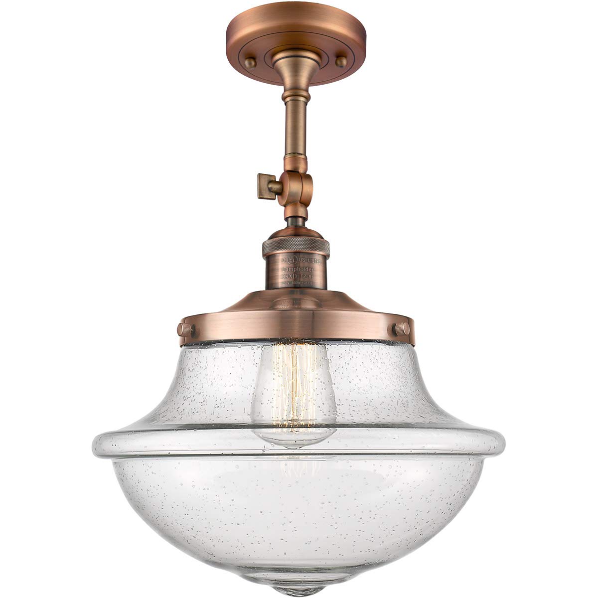 Vintage Antique Copper Semi-Flush Mount Ceiling Light Fixture - 12 Inch Wide Seedy Glass with Steel/Cast Brass Base - Medium Base LED 1 Light for Dining Room, Bedroom & Living Room