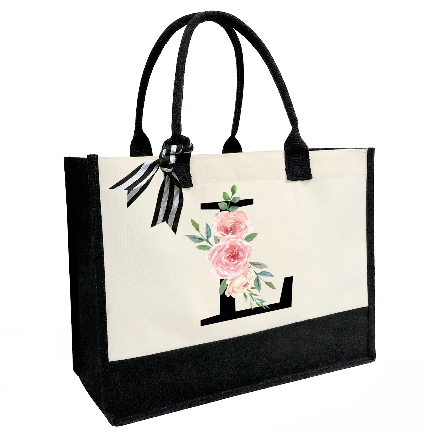 Personalized Initial Canvas Beach Tote Bag - Custom Printed Letter Design - Great Gift for Women, Mom, Friends, Teachers & Bridesmaids - Perfect for Beach Trips, Shopping & Everyday Use