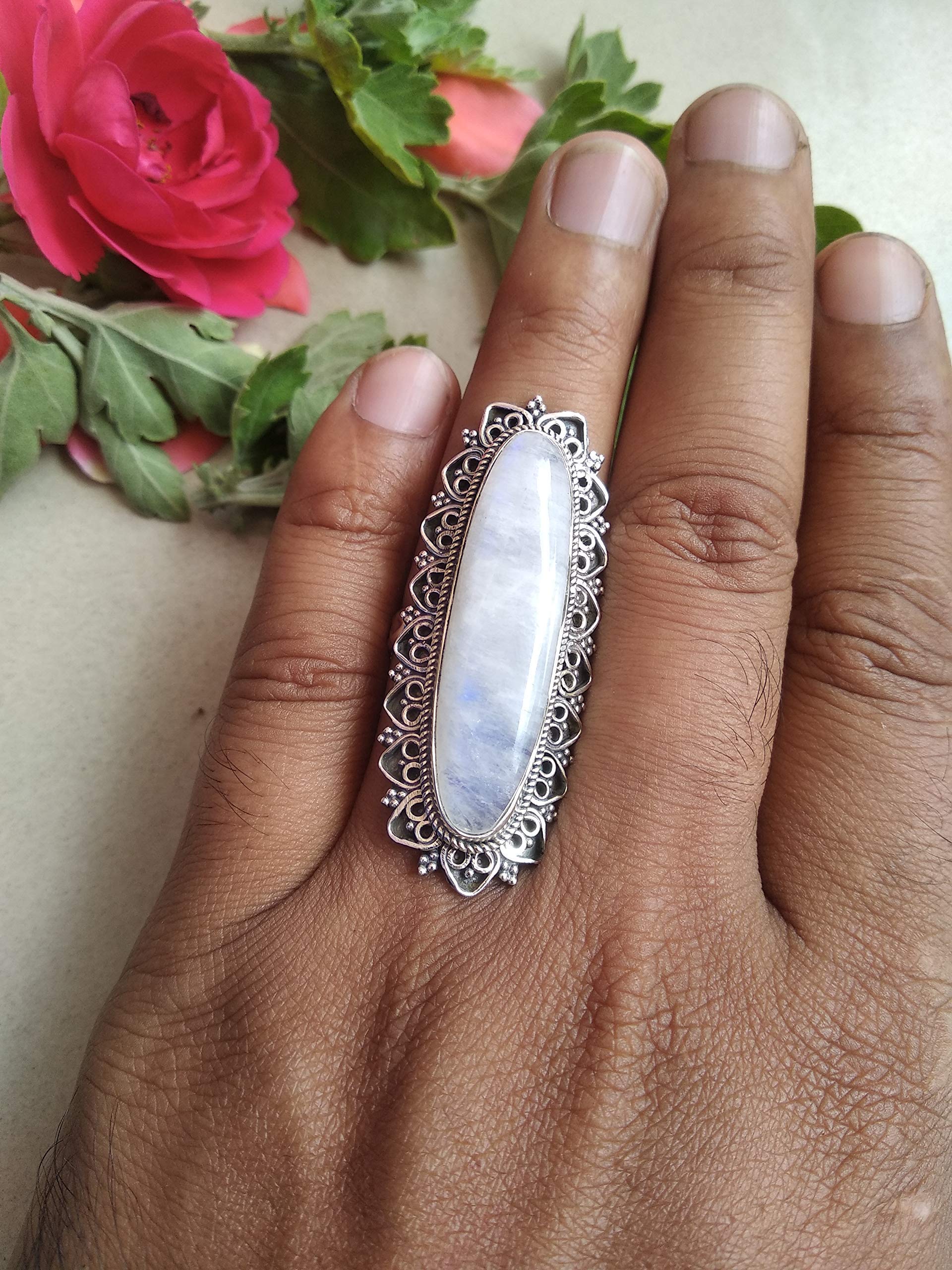 Blue Fire Moonstone Ring - Sterling Silver Statement Ring with Long Gemstone, Antique Boho Handmade Jewelry for June Birthstone, Unique Engagement & Victorian Style Ring | Perfect for Weddings, Anniversaries & Boho Fashion