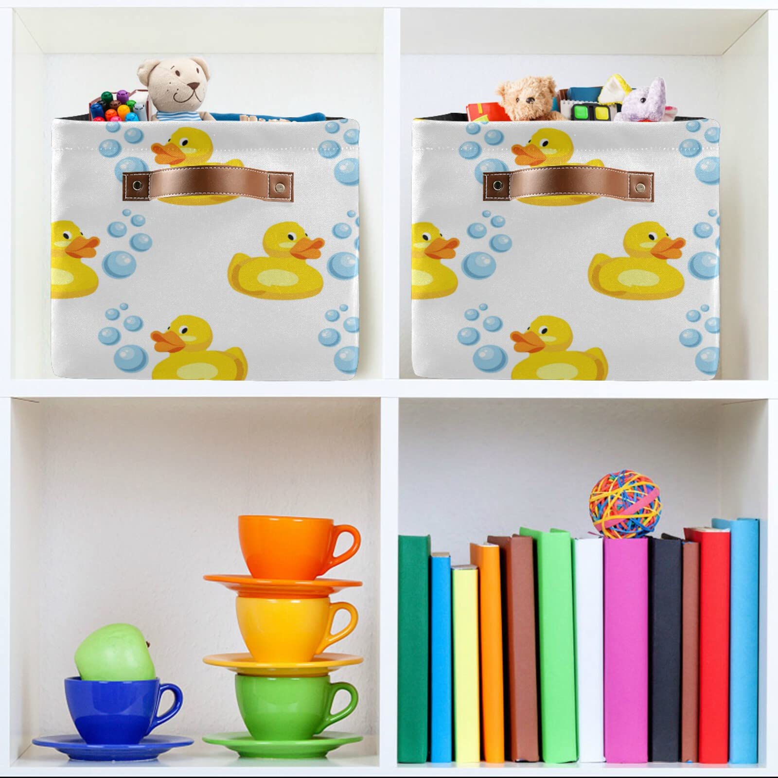 Yellow Rubber Ducks Rectangular Collapsible Storage Basket with Leather Handles - Foldable Laundry Bin & Home Organizer for Kitchen, Bedroom, Bathroom | Perfect for Toys, Clothes & Household Items Storage