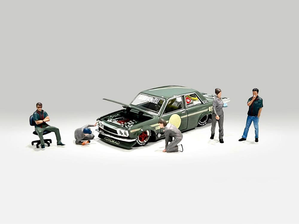 Top Tuners 6-Piece Diecast Figure Set (5 Figures + 1 Chair) - Limited Edition 1/64 Scale Model Car Accessories by American Diorama - Perfect for Car Display, Diorama Scenes & Collectors