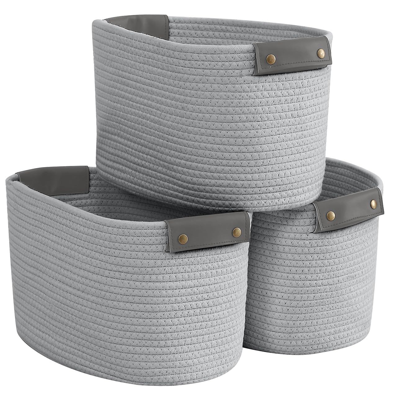 Organizix 3-Pack Gray Woven Cotton Rope Storage Baskets with Faux Leather Handles - 15