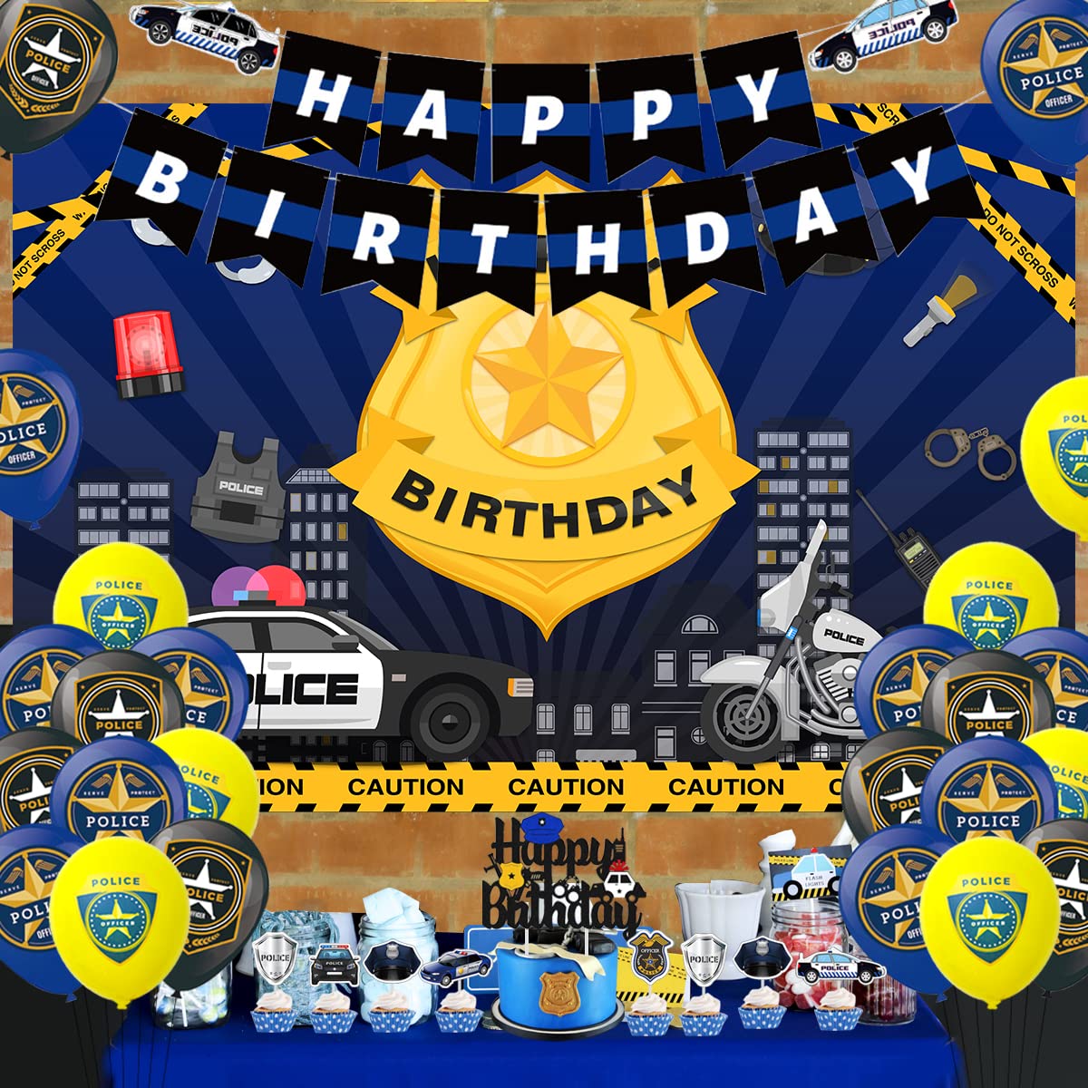 Police Birthday Party Decorations Set - Themed Balloons, Happy Birthday Banner, Backdrop & Cake Topper for Kids | Perfect for Police-Themed Birthday Celebrations & Special Events