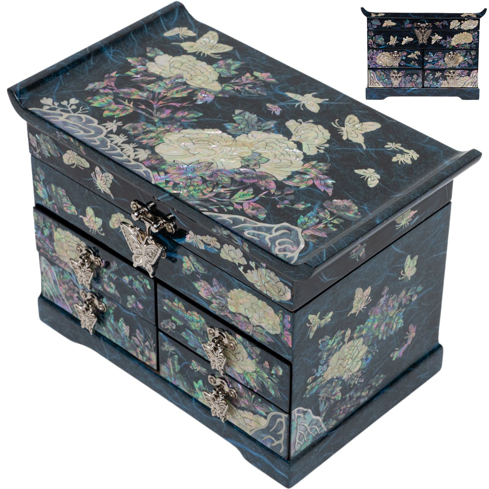 February Mountain Mother of Pearl Wooden Jewelry Organizer Box - Elegant Jewelry Storage for Women with Spacious Drawers, Perfect for Rings, Bracelets, Watches & Necklaces | Great for Bedroom Vanity, Dresser Top or Travel Jewelry Case (Peony Blue)