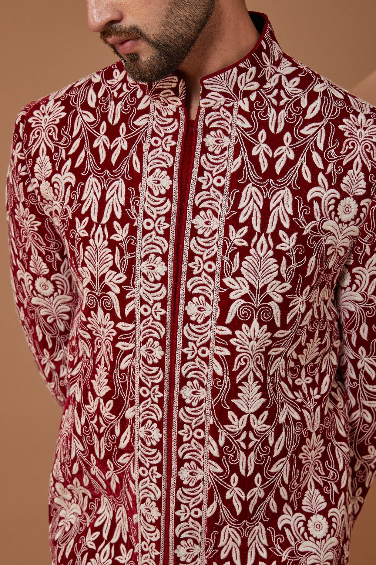 Elegant Maroon Embroidered Jamawar Sherwani for Men - Perfect for Weddings, Festivals & Special Occasions