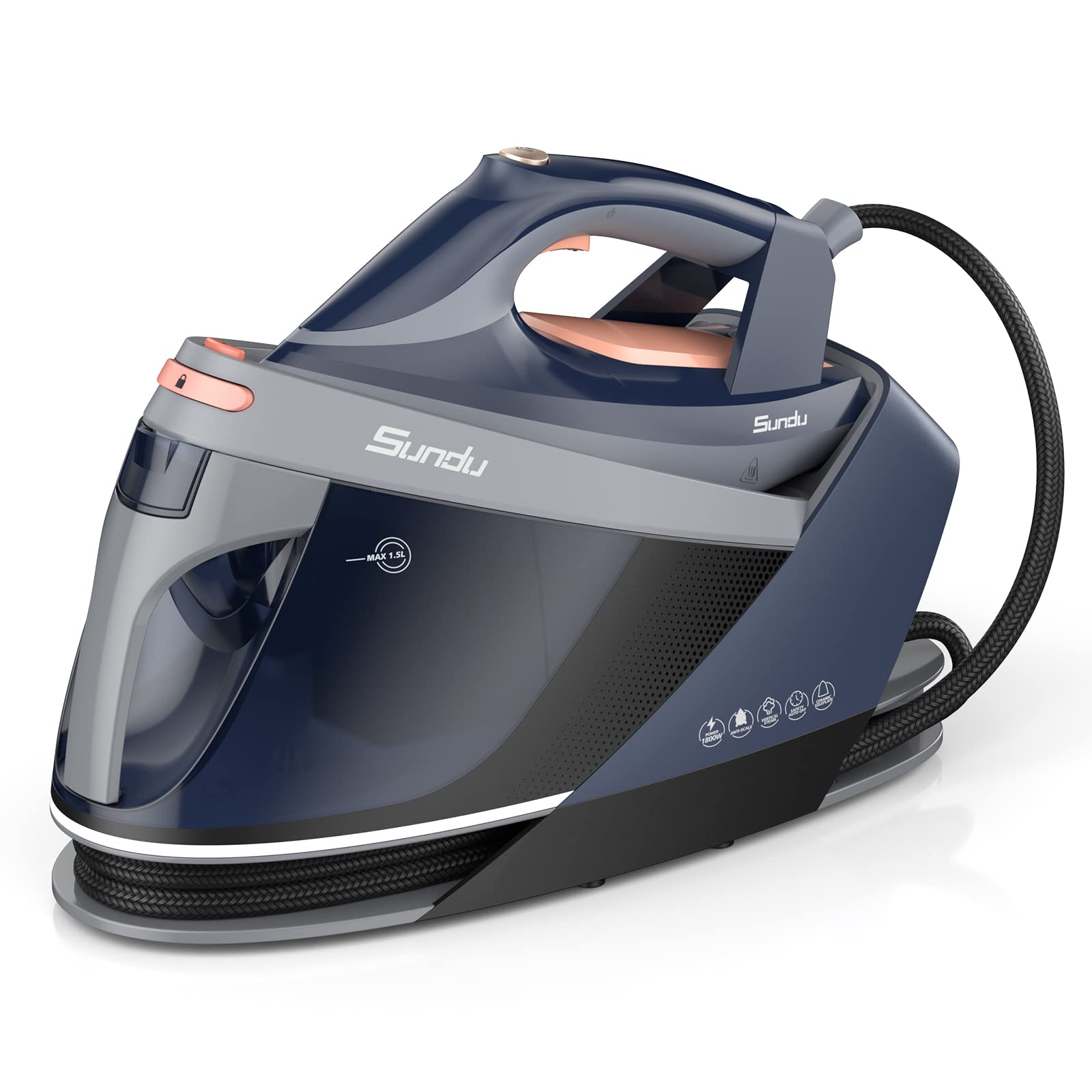 SUNDU Pro 1800W Steam Iron Station with Ceramic Soleplate - 1.5L Removable Water Tank, Auto Shut Off & Self Cleaning - Portable Iron Lock for Travel - Perfect for Home Clothes Ironing & Fabric Care