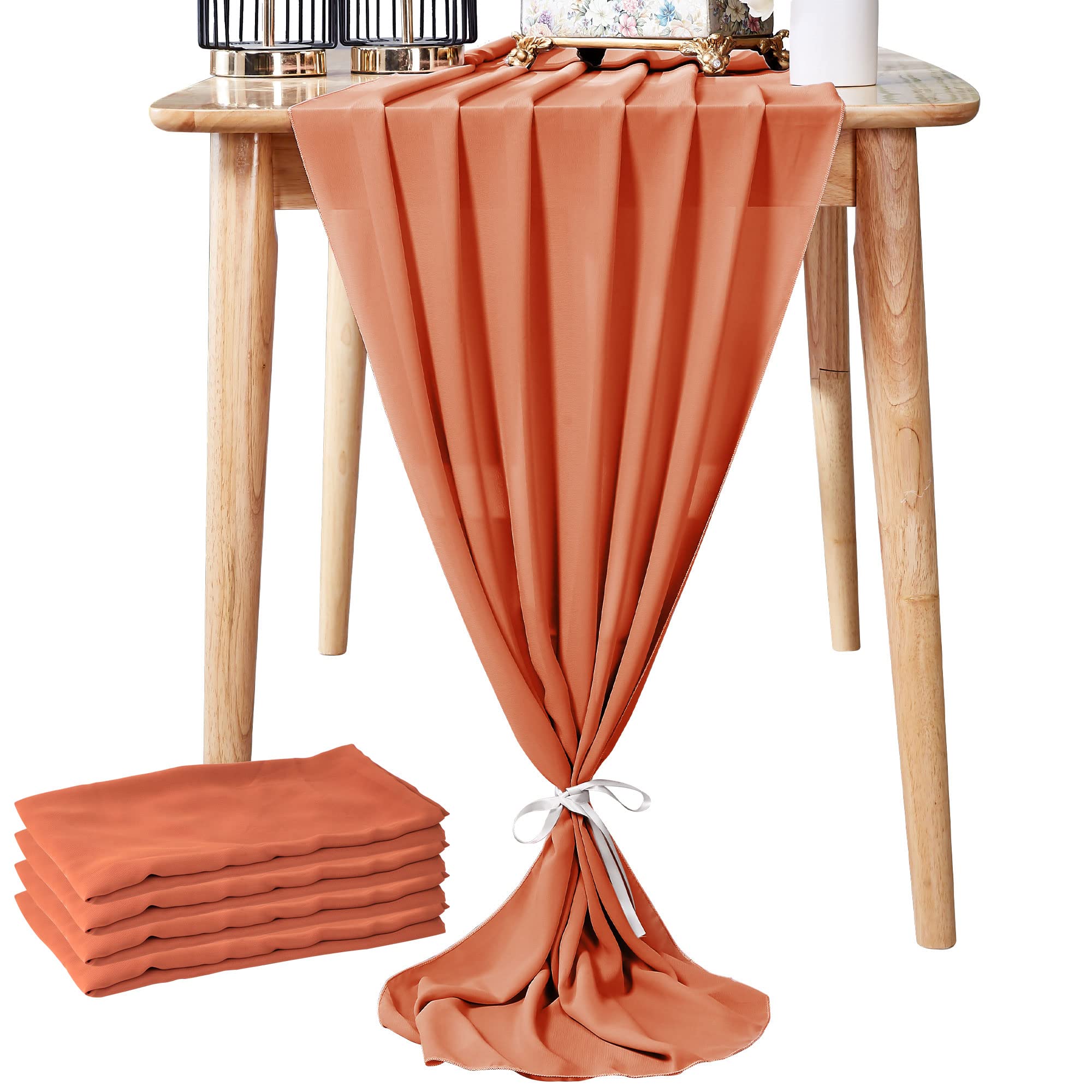 Aviviho 10ft Burnt Orange Chiffon Table Runner 4 Pack - 29x120 Inches Long Rustic Gauze Wedding Table Runners for Wedding, Birthday Party, Bridal Shower, Baby Shower & Cake Table Décor - Perfect for Boho, Vintage and Rustic Theme Events