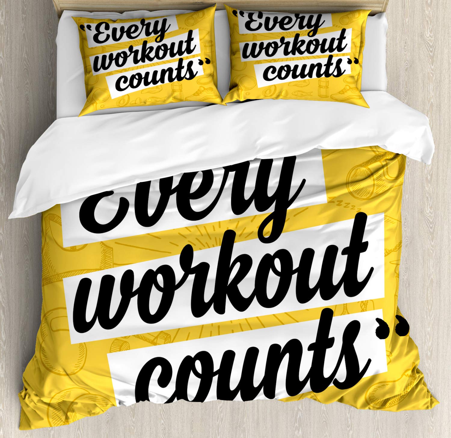 Ambesonne Fitness Duvet Cover Set - 2 Pack California King Size, Yellow White & Black - Motivational Workout Quote Design - Includes 2 Duvet Covers & 2 Pillowcases - Perfect for Gym Enthusiasts & Sports-Themed Bedrooms