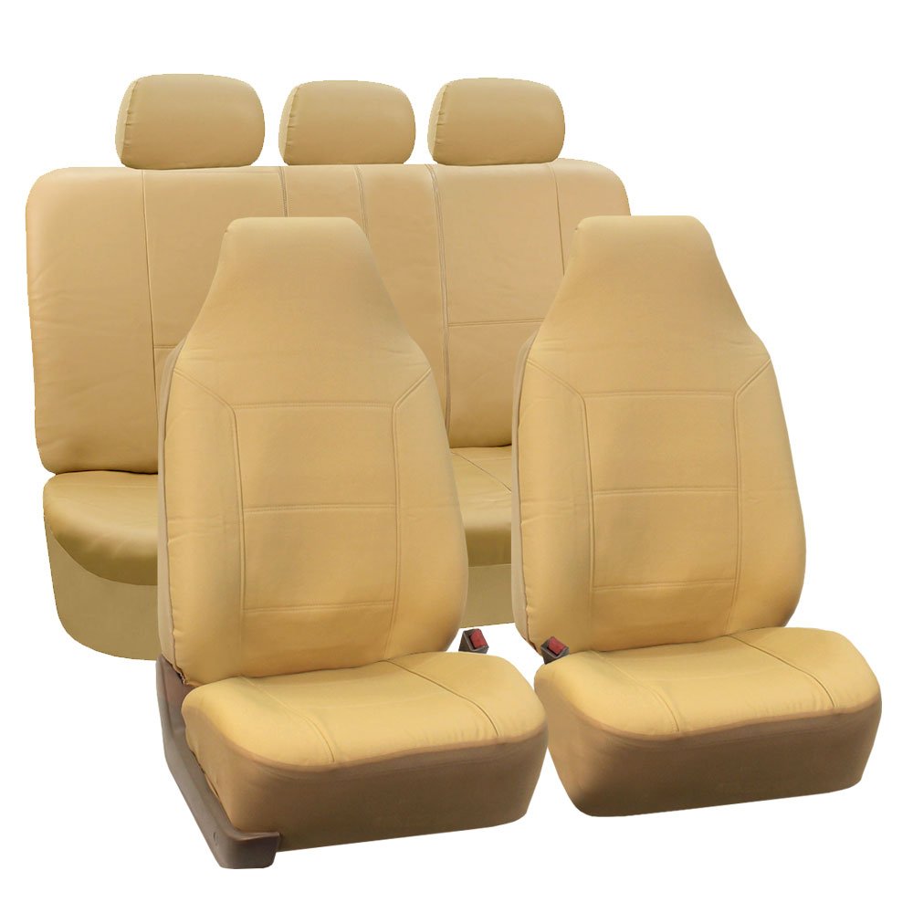 Premium FH Group Full Set PU Leather Car Seat Covers - Universal Fit for Most Vehicles, 1-Piece Front Seat Covers with Airbag Compatibility, Split Bench Rear Seat Cover for SUV/Truck, Solid Beige Color - Perfect for Daily Commute, Road Trips & Vehicle Protection
