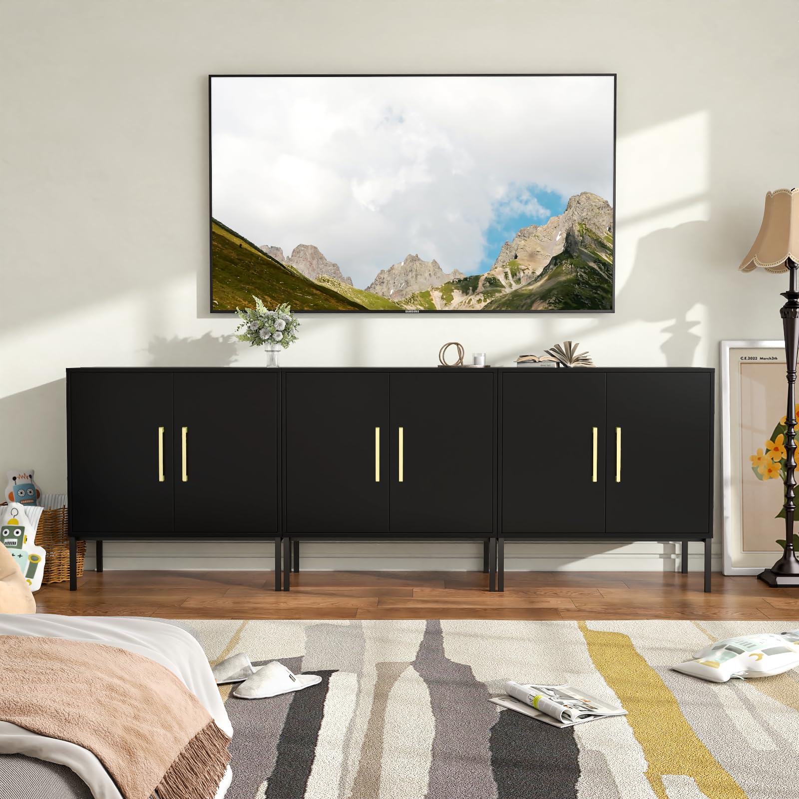 JOZZBY Modern Wooden Buffet Cabinet with Storage - 2-Door Free Standing Sideboard with Adjustable Shelves, Black Accent Cabinet for Living Room, Kitchen, Hallway - Perfect for Dining Room Storage, Entryway Organization & Home Decor
