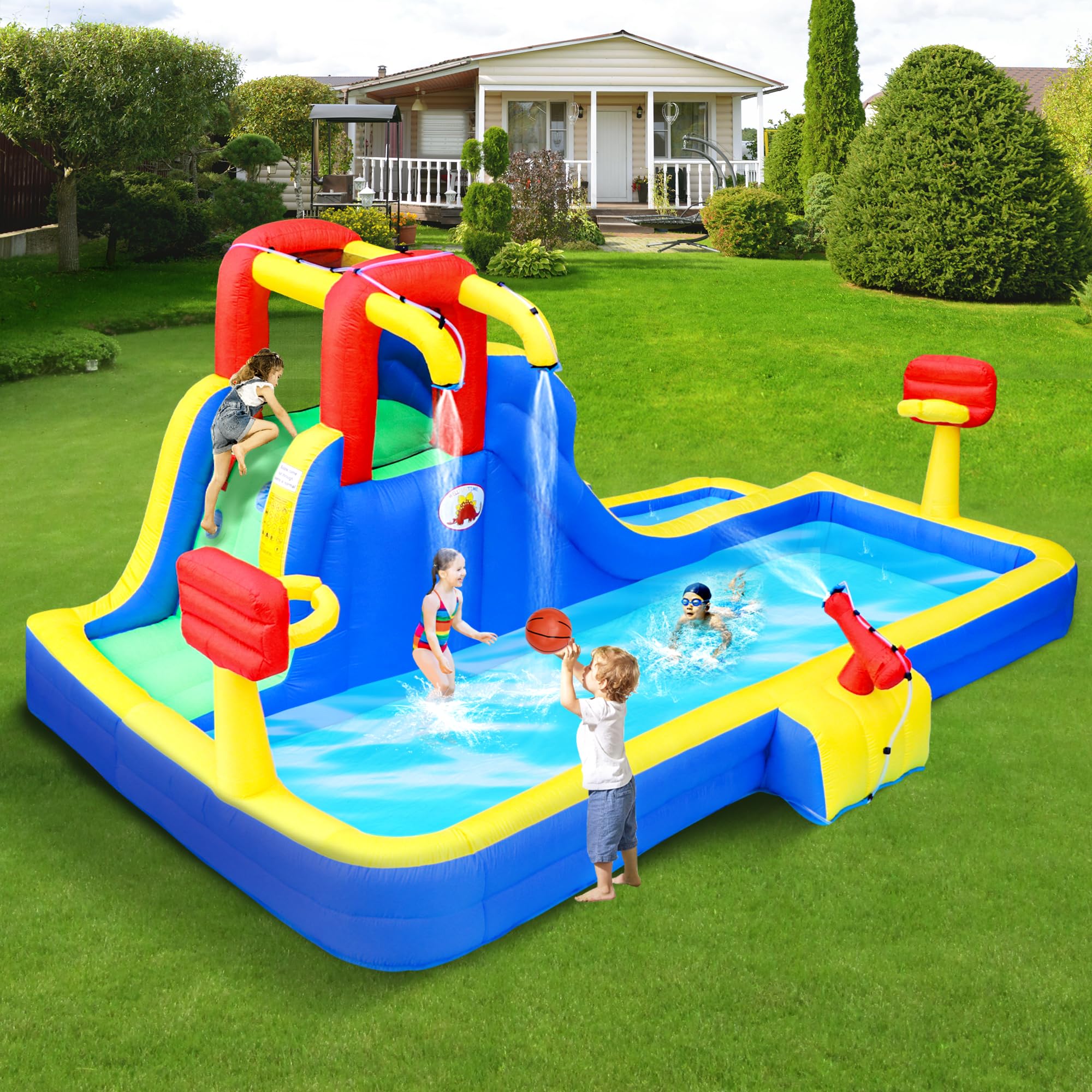 Inflatable Water Park with Blower - Bounce House with Water Cannon & Double Basketball Hoops for Kids Outdoor Summer Party, Backyard Pool Fun, and Birthday Celebrations