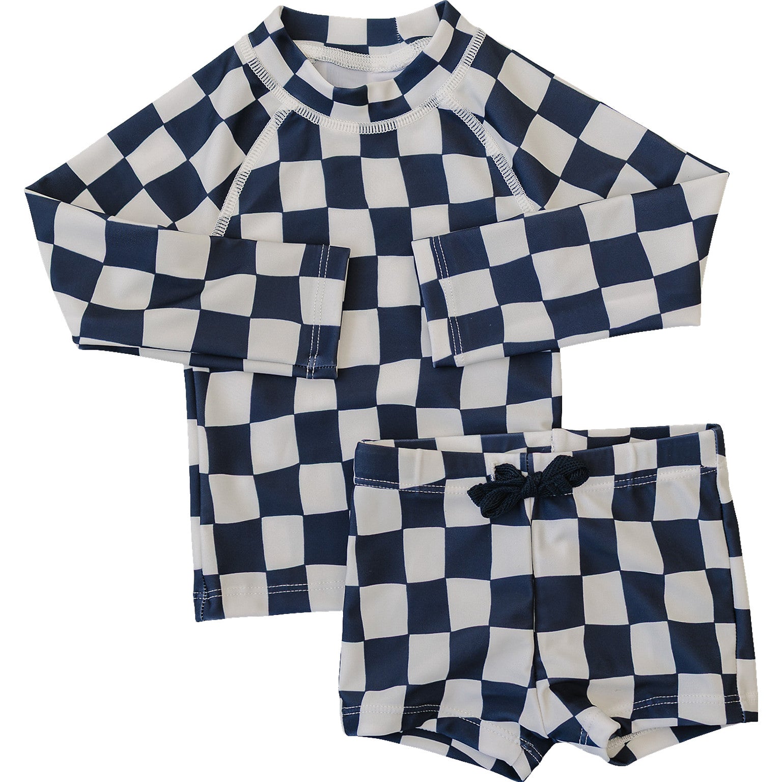 Wavy Checkered Long Sleeve Swimwear Set for Women - UV Protection Rash Guard & Swim Shorts - Perfect for Beach, Pool & Water Sports