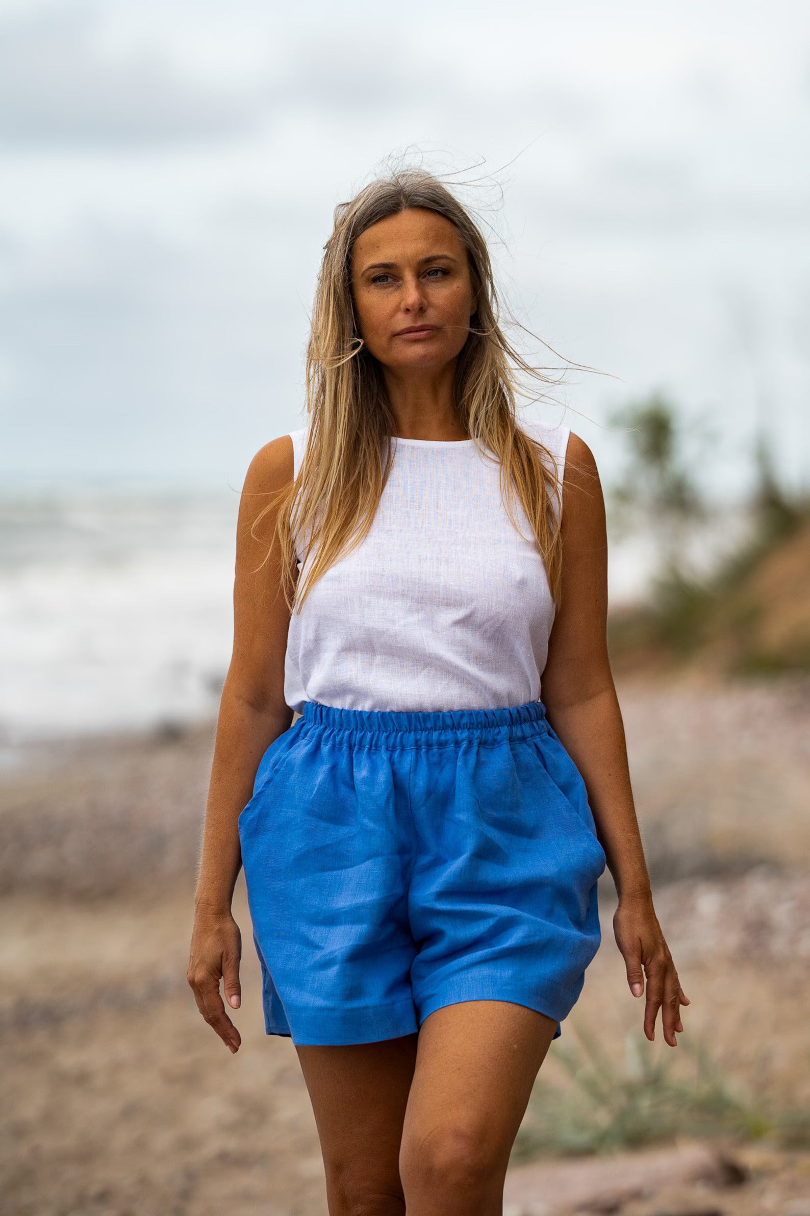 ASHLEY Women's Loose Linen Shorts - Comfortable Casual Blue Summer Shorts for Beach, Vacation & Everyday Wear