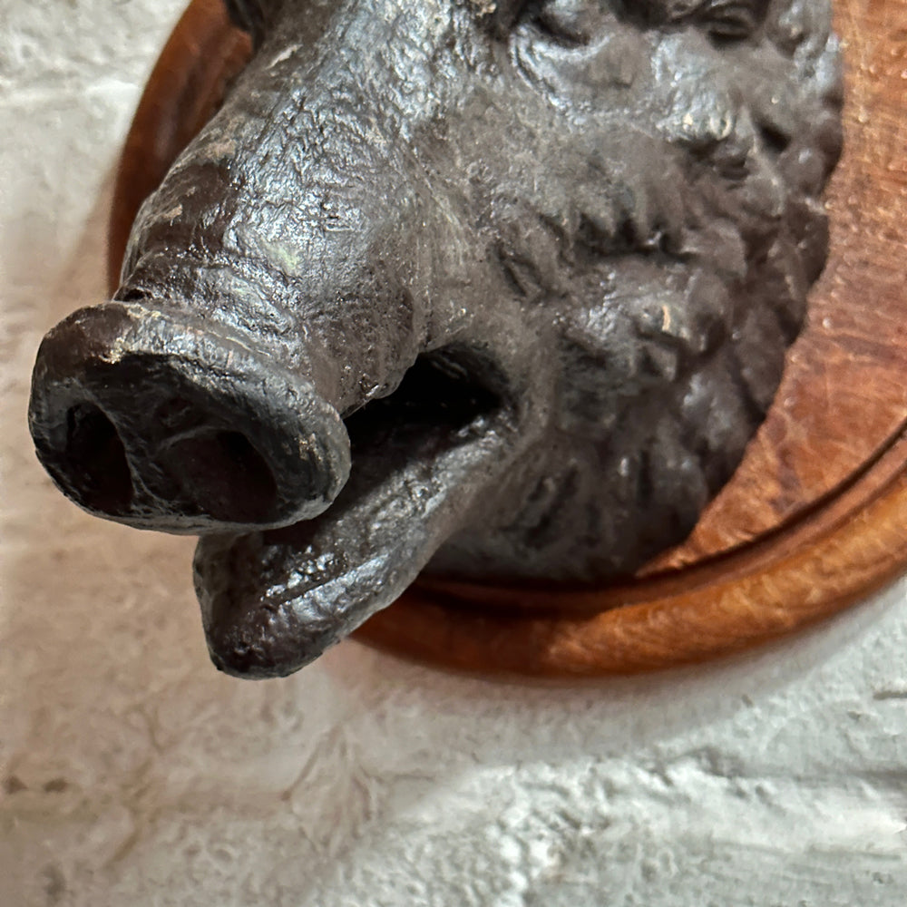 Antique Black Forest Carved Black Boar Head Wall Mount - Handcrafted Wooden Hunting Trophy Decor (23B02) | Rustic Cabin, Lodge & Man Cave Wall Art