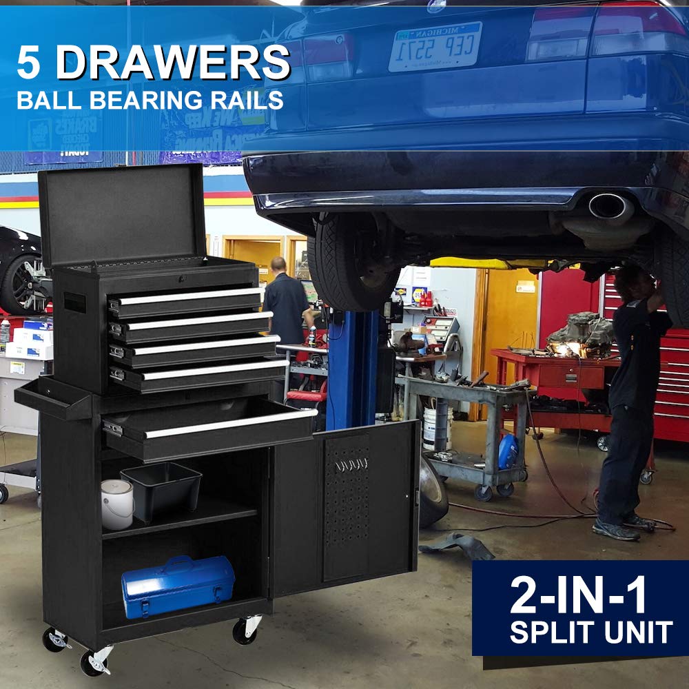 5-Drawer Rolling Tool Chest with Lockable Drawers & 4 Wheels - High Capacity Tool Storage Cabinet for Garage, Warehouse & Workshop Organization (Black) - Perfect for Professional Mechanics & DIY Home Improvement Projects