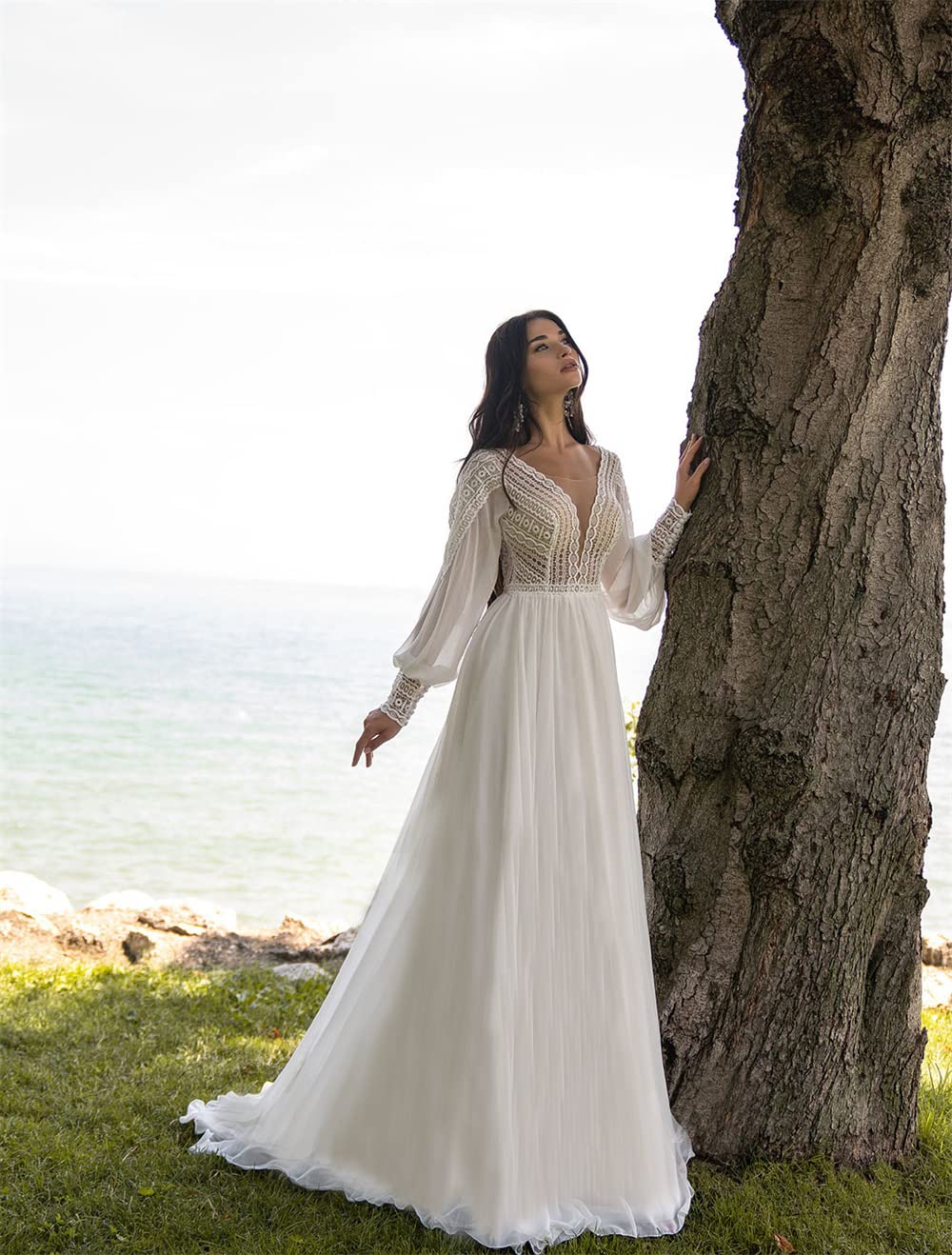 Boho Wedding Dress V-Neck Long Sleeve Macrame Lace Bridal Gown for Beach, Garden & Outdoor Ceremonies - Elegant Bohemian Style Wedding Dress