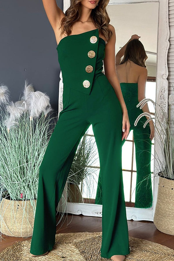 Solid Color Sexy Tube Top Gold Button Embellished Bootcut Jumpsuit for Women | Elegant One-Piece Romper with Metallic Accents | Perfect for Night Out, Party & Special Occasions