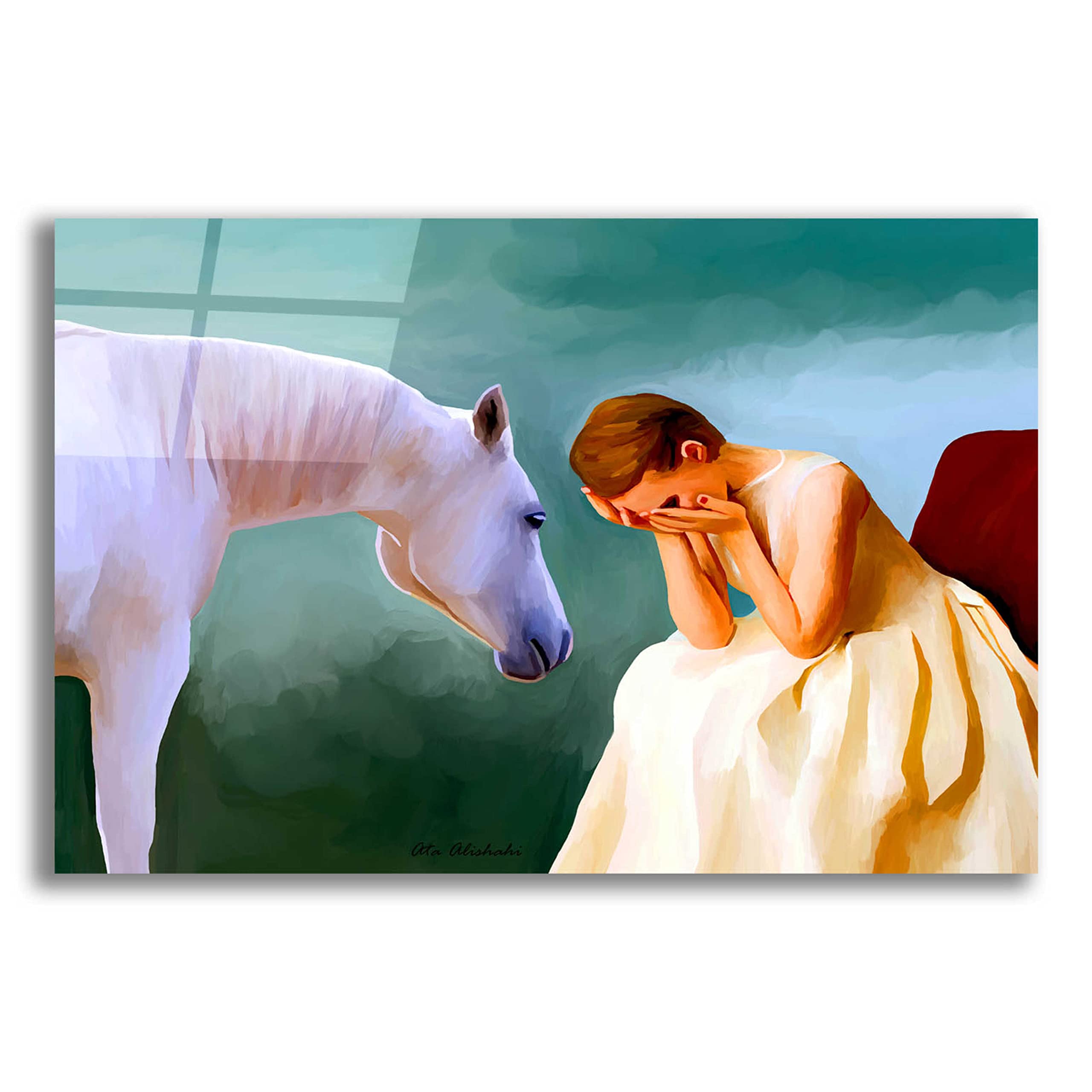 Epic 'Sad Girl and Horse' Acrylic Glass Wall Art by Ata Alishahi - 24x16 Inches Modern Painting for Living Room, Bedroom & Office Decor