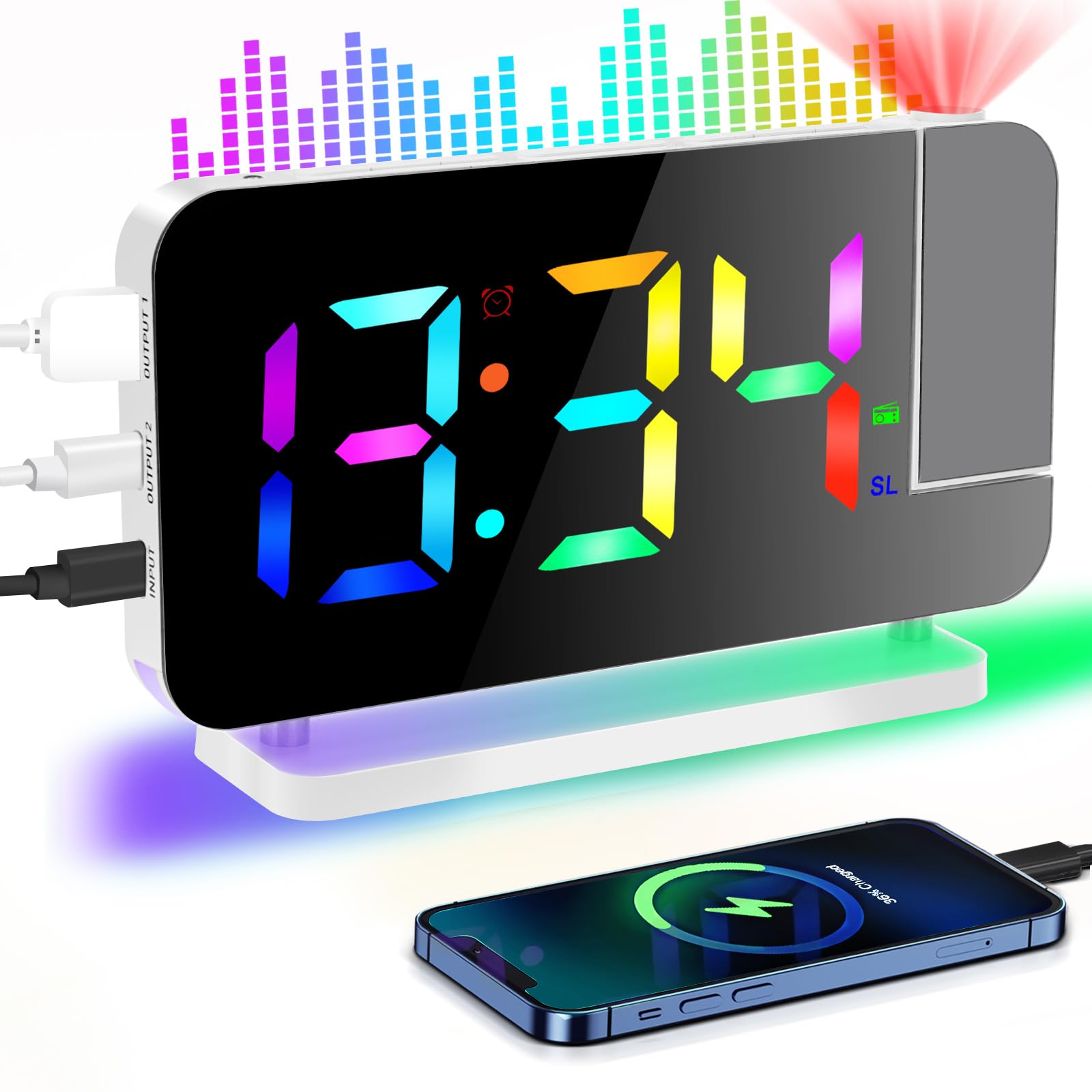 Digital Projection Alarm Clock with LED Mirror Display - 180° Rotatable Projector, RGB Night Light, USB Charger, Auto Dimmer & Snooze Function | Perfect for Bedrooms, Home Office & Travel (White)