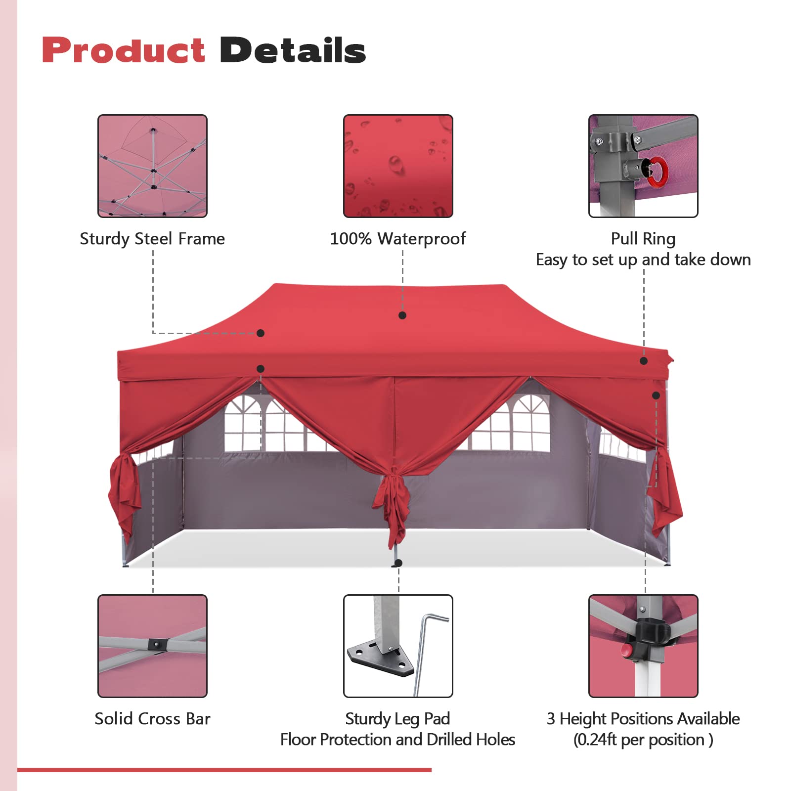 10x20 ft Instant Pop Up Canopy Tent - Heavy Duty Waterproof Gazebo with Removable Sidewalls & Wheeled Carry Bag - Perfect for Outdoor Parties, Camping, and Backyard Events (Red)