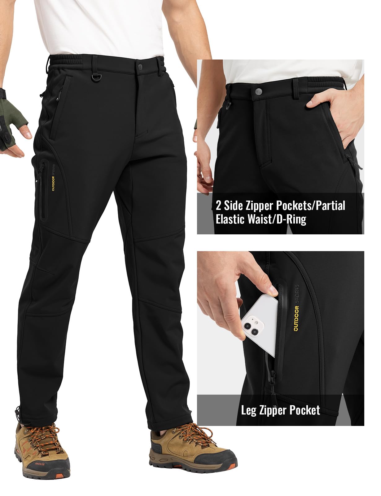 Rdruko Men's Waterproof Insulated Snow Pants - Winter Hiking, Snowboarding & Skiing Fleece-Lined Softshell Trousers for Cold Weather Outdoor Activities
