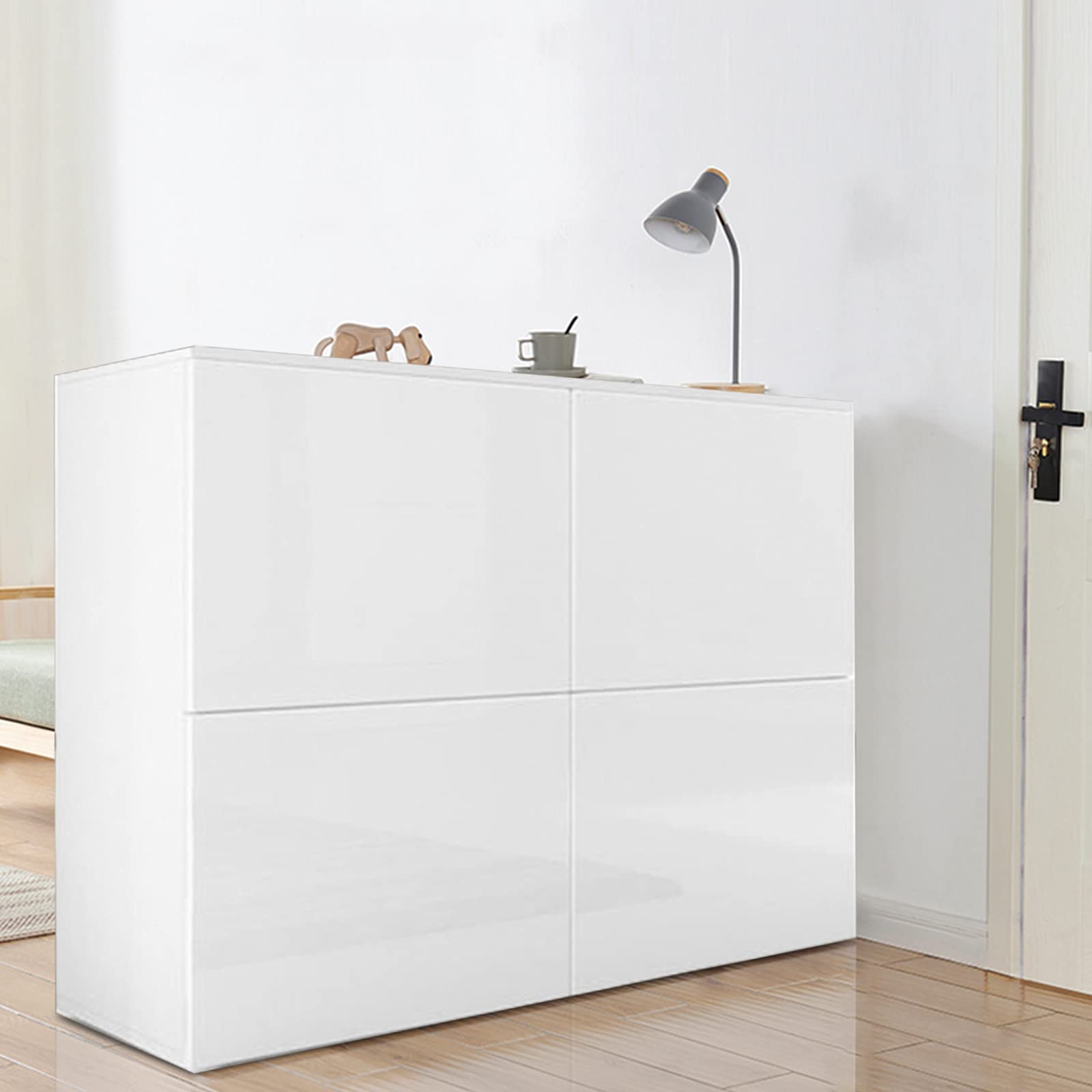 Modern High Gloss White Storage Cabinet with 4 Drawers - Space-Saving Organizer for Entryway, Kitchen, Bedroom & Living Room - Perfect for Storing Dishes, Linens, Toys & Home Essentials