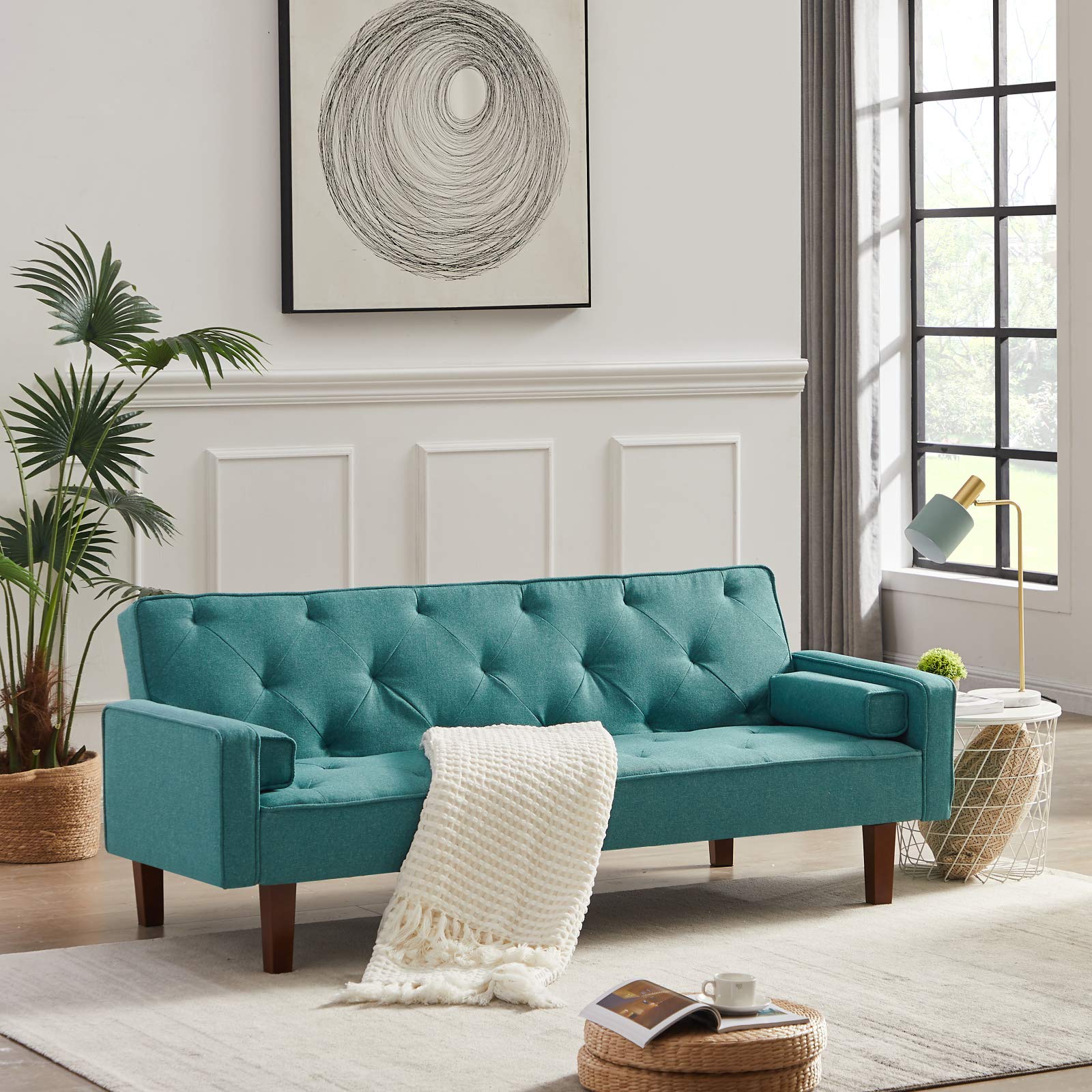 Convertible Sofa Bed with 2 Pillows - Modern Folding Futon Sleeper for Living Room, Apartment & Dorm - Green (71x30x30.7 inches) - Perfect for Small Spaces, Guest Rooms & Studio Apartments