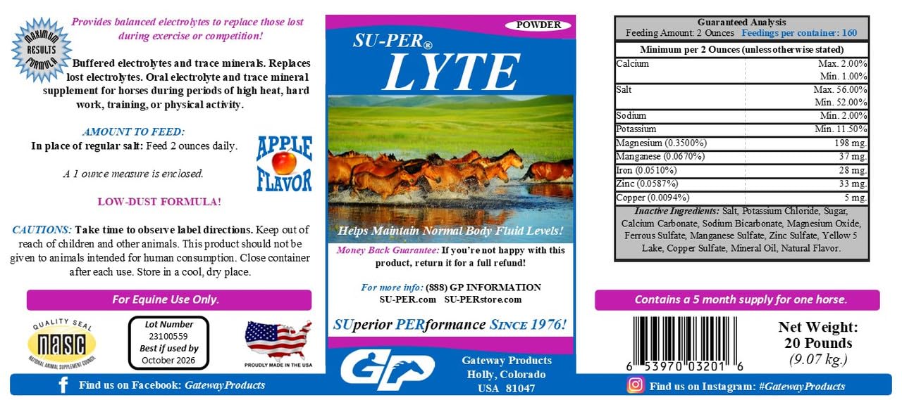 Lyte Horse Electrolyte Supplement for Performance Horses - 20lb (5 Month Supply) - Maintains Normal Body Fluid Levels & Replenishes Minerals - Ideal for Training, Racing, and Hot Weather Recovery