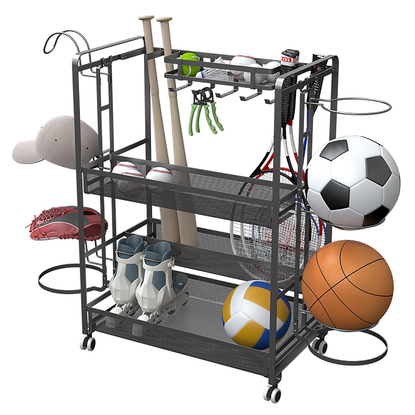CMMC Rolling Sports Equipment Storage Rack with Baskets & Hooks - Garage Ball Organizer for Basketball, Soccer, Football Gear - Indoor & Outdoor Sports Gear Storage Solution for Home, Gym, and Playroom Organization