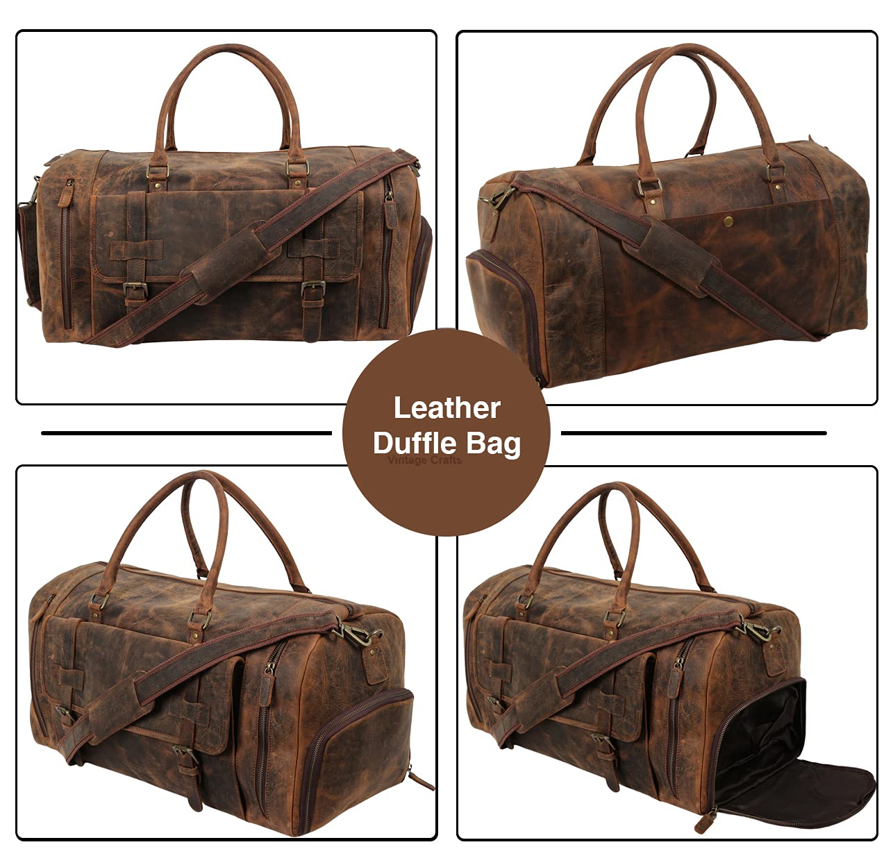 22 Inch Genuine Leather Full Grain Duffel Bag for Travel & Gym - Durable Carry-On Overnight Weekender with Shoe Compartment - Perfect for Business Trips, Workouts & Weekend Getaways (Men & Women)