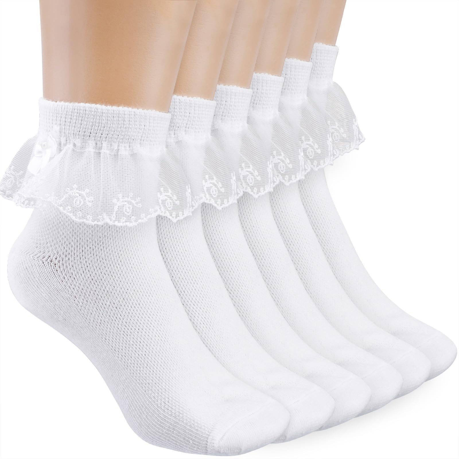 DIVINA VITAE 3 Pack Girls White Lace Frilly Ankle Socks with Bows - Thin Cotton Dress Socks for School, Party & Everyday Wear - Cute Fashion Socks for Toddler and Teen Girls