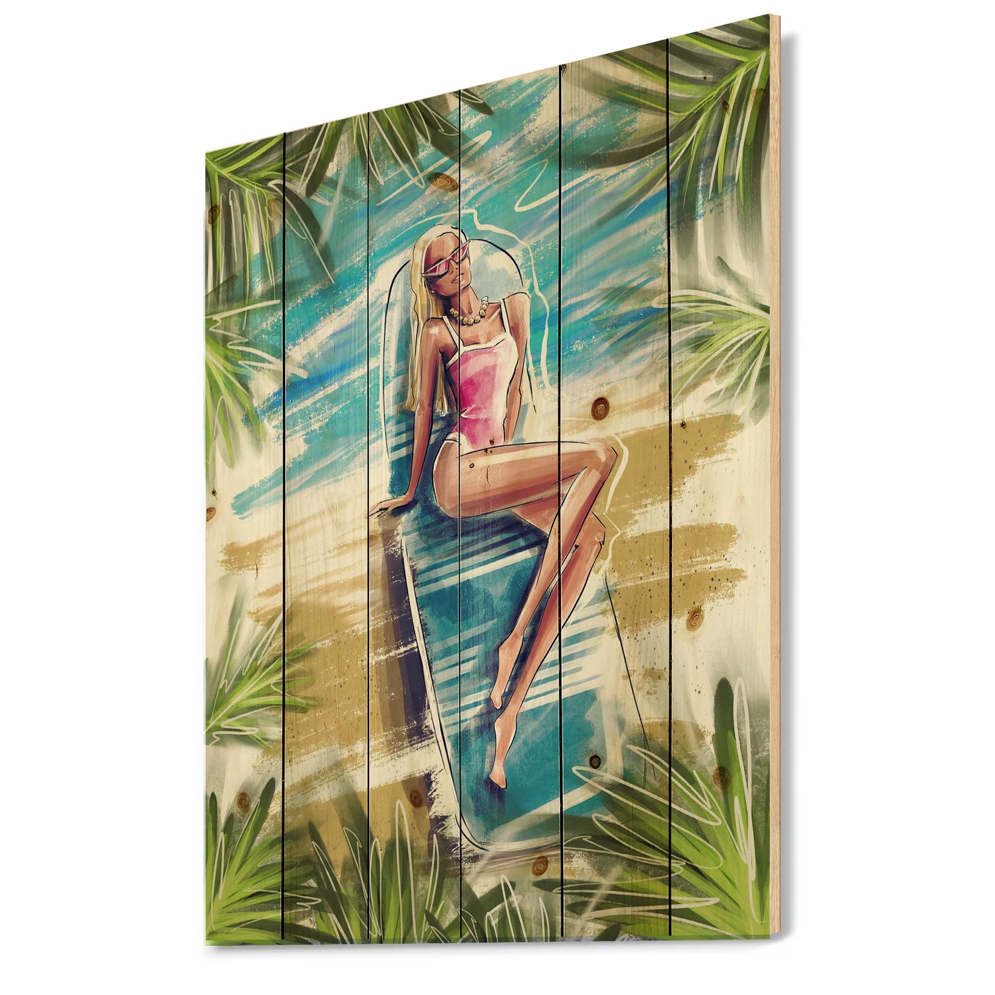 Beautiful Blonde Model Beach Sunbathing Nautical Coastal Wood Wall Art - Blue Ocean Themed Large Pine Wood Wall Decor for Living Room, Bedroom & Beach House