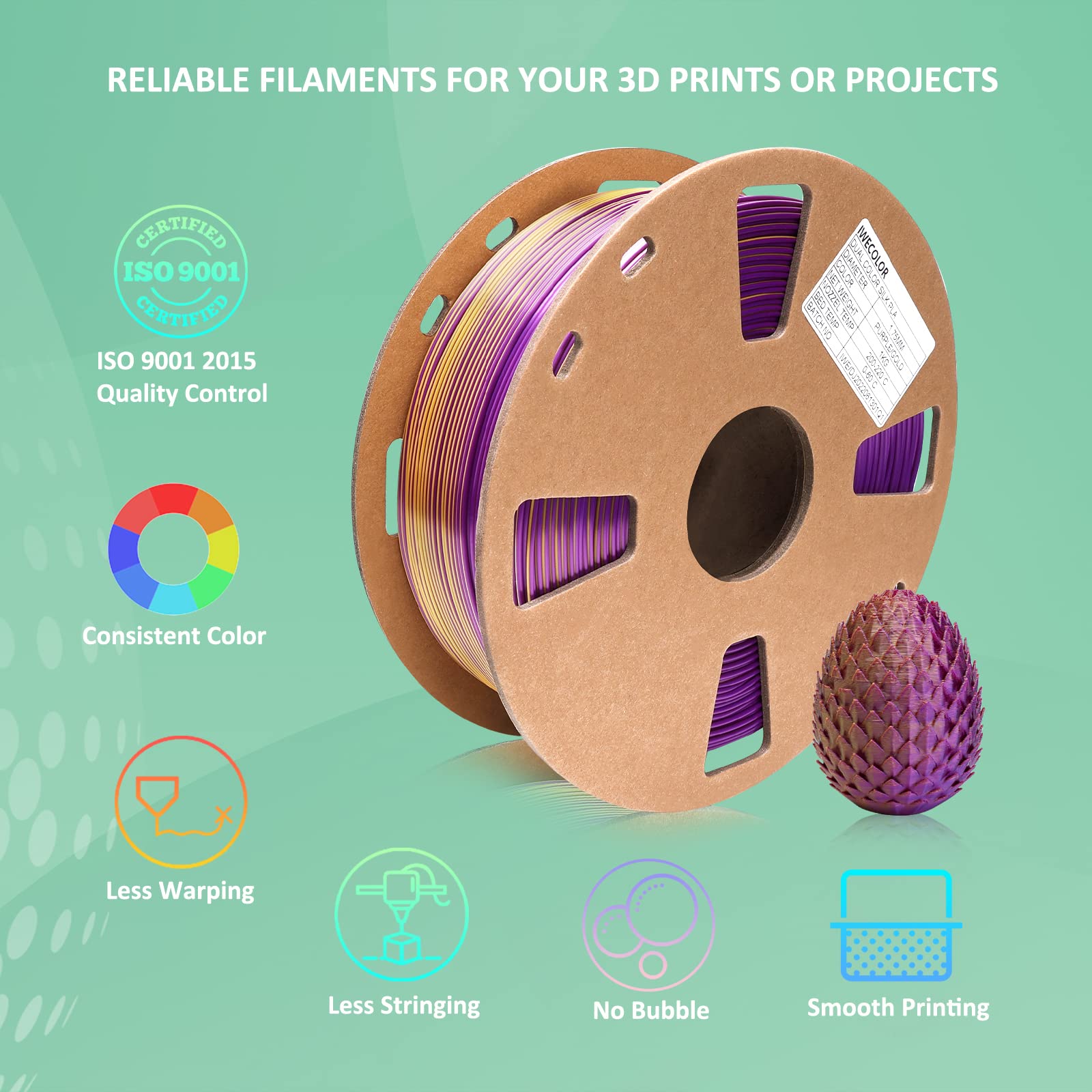 Premium 1.75mm PLA 3D Printer Filament - 1KG Spool with +/-0.03mm Accuracy, Purple & Gold for FDM Printers - Perfect for DIY Projects, Prototyping & Creative Modeling