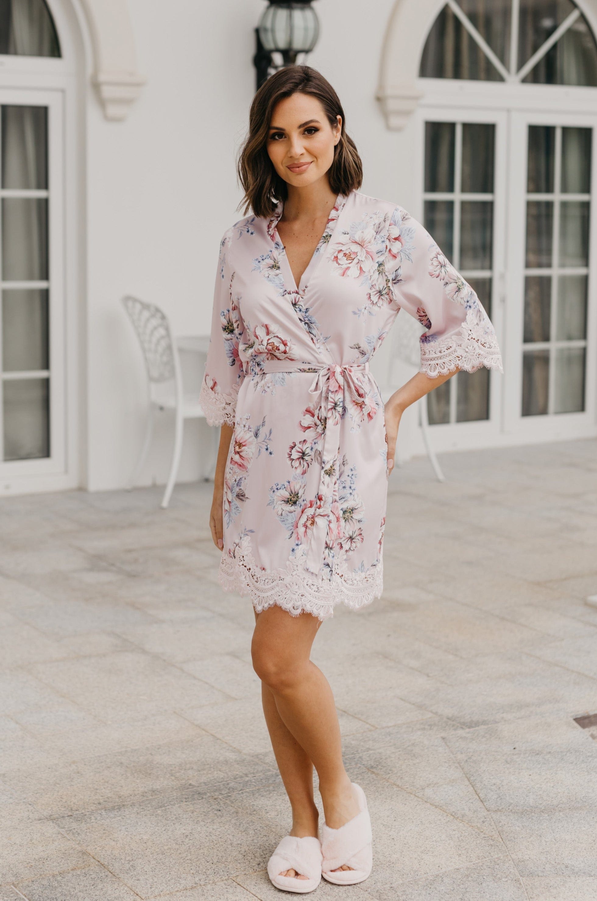 Serena Veiled Rose Printed Lace Trim Satin Robe - Elegant Bridal Lingerie & Boudoir Dress for Wedding Night, Honeymoon & Romantic Occasions