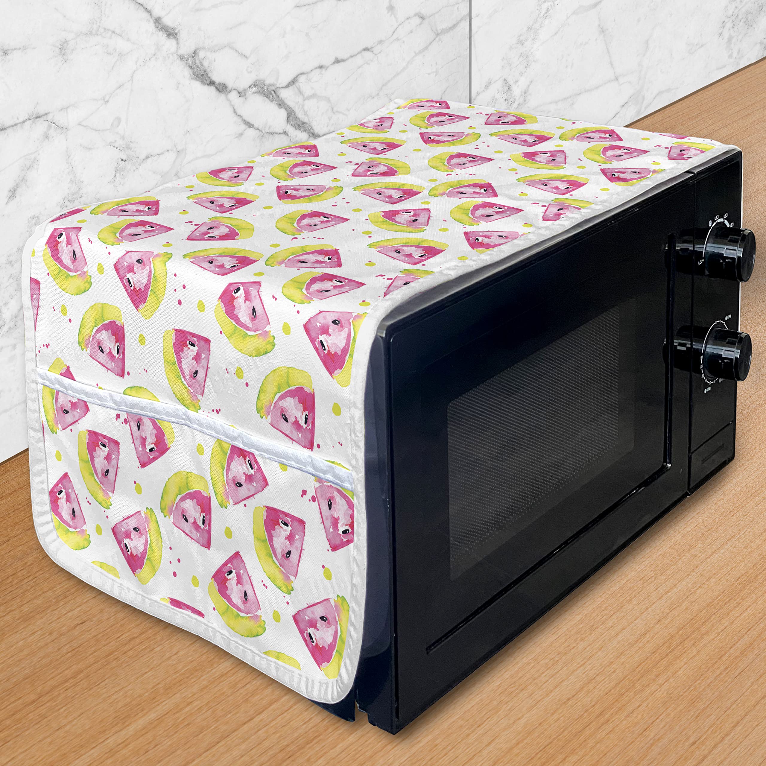 Ambesonne Watercolor Microwave Cover - Juicy Fruity Summer Slices Design, Water Resistant Kitchen Organizer with Pockets, 36x12 Inches, Pink Yellow Green - Perfect for Protecting Appliances & Adding Color to Your Kitchen Decor
