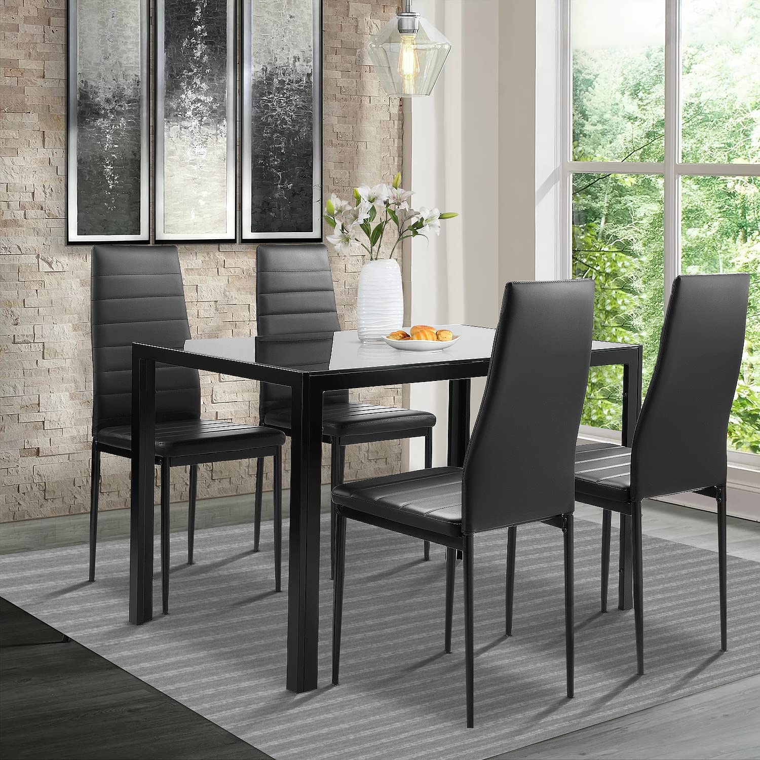 AWQM 5-Piece Dining Table Set for 4 with Tempered Glass Top & 4 Faux Leather Chairs - Modern Kitchen Table Set in Black for Small Spaces, Apartments & Breakfast Nooks