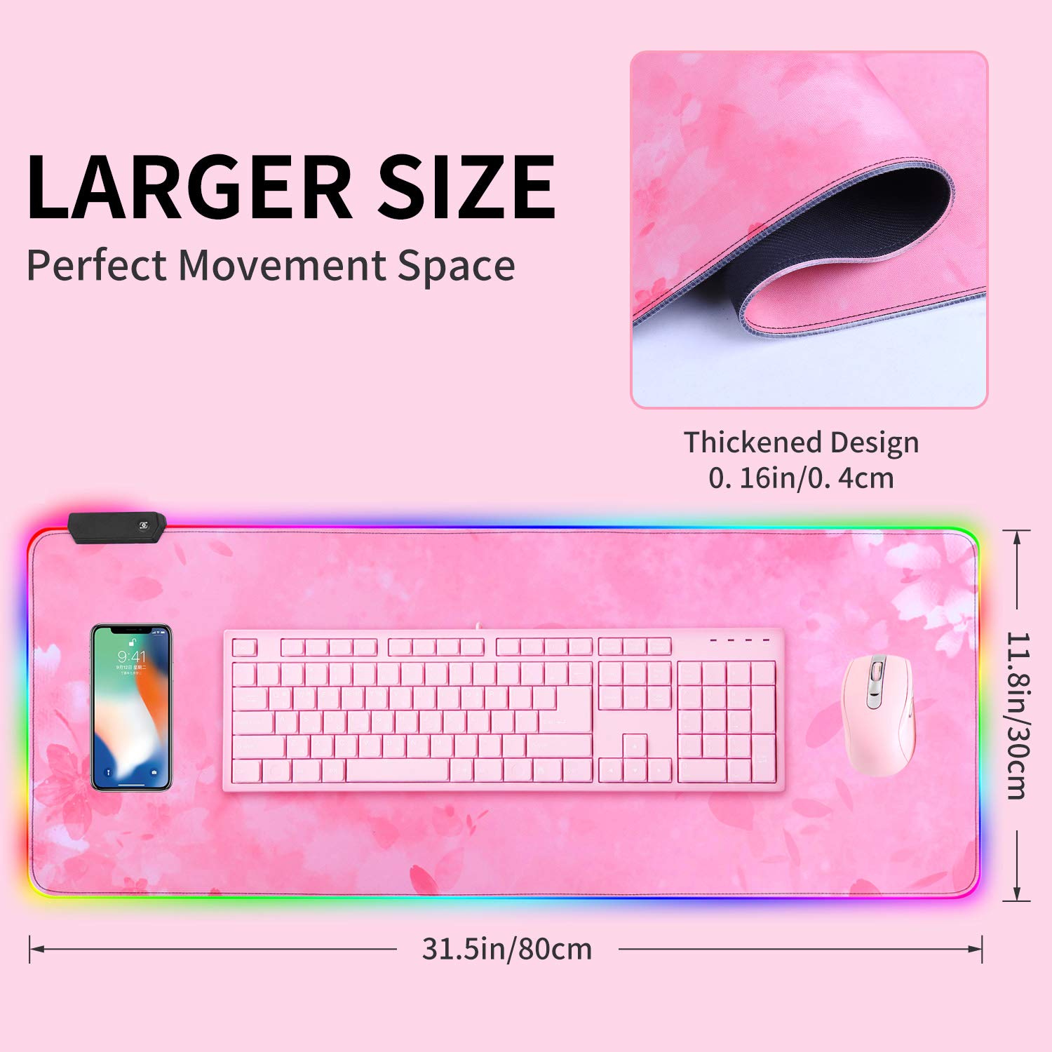 RGB Gaming Mouse Pad with 12 LED Lighting Modes - Large 31.5x11.8 Inch Non-Slip Rubber Base Desk Mat for PC Gaming, Keyboard & Mouse - Perfect for Esports, Streaming & Office Work (Pink)