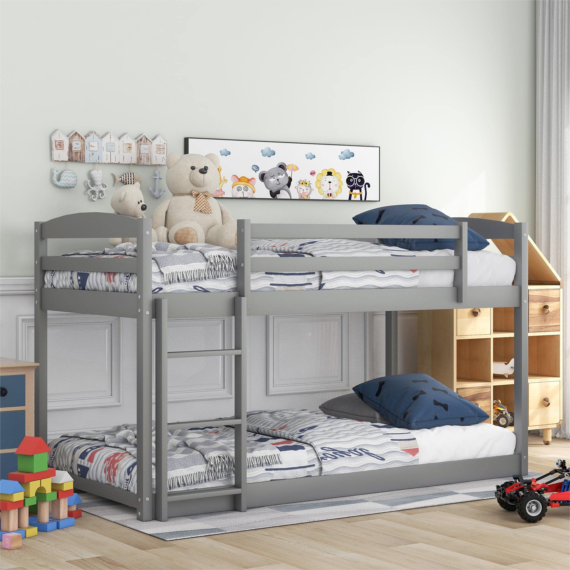 Twin Over Twin Solid Wood Bunk Bed with Ladder & Safety Guardrails - Space Saving Low Bunk Bed Frame with Slats for Teens Bedroom - No Box Spring Needed - Gray - Perfect for Small Rooms, Kids' Bedrooms & Vacation Homes