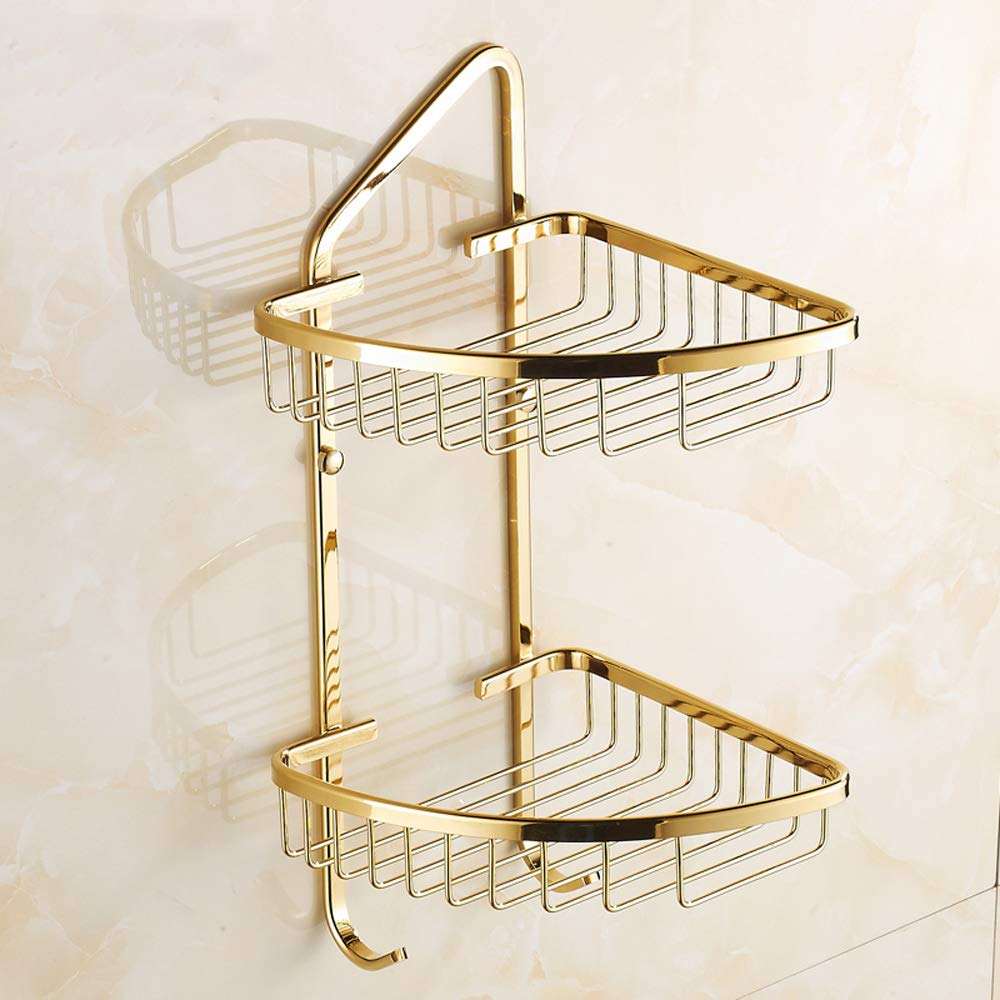 2-Tier Luxury Gold Brass Wall Mount Bathroom Shelf - Shower Caddy Organizer with Hooks for Towels, Shampoo & Toiletries - Perfect for Small Bathroom Storage & Corner Space Saving