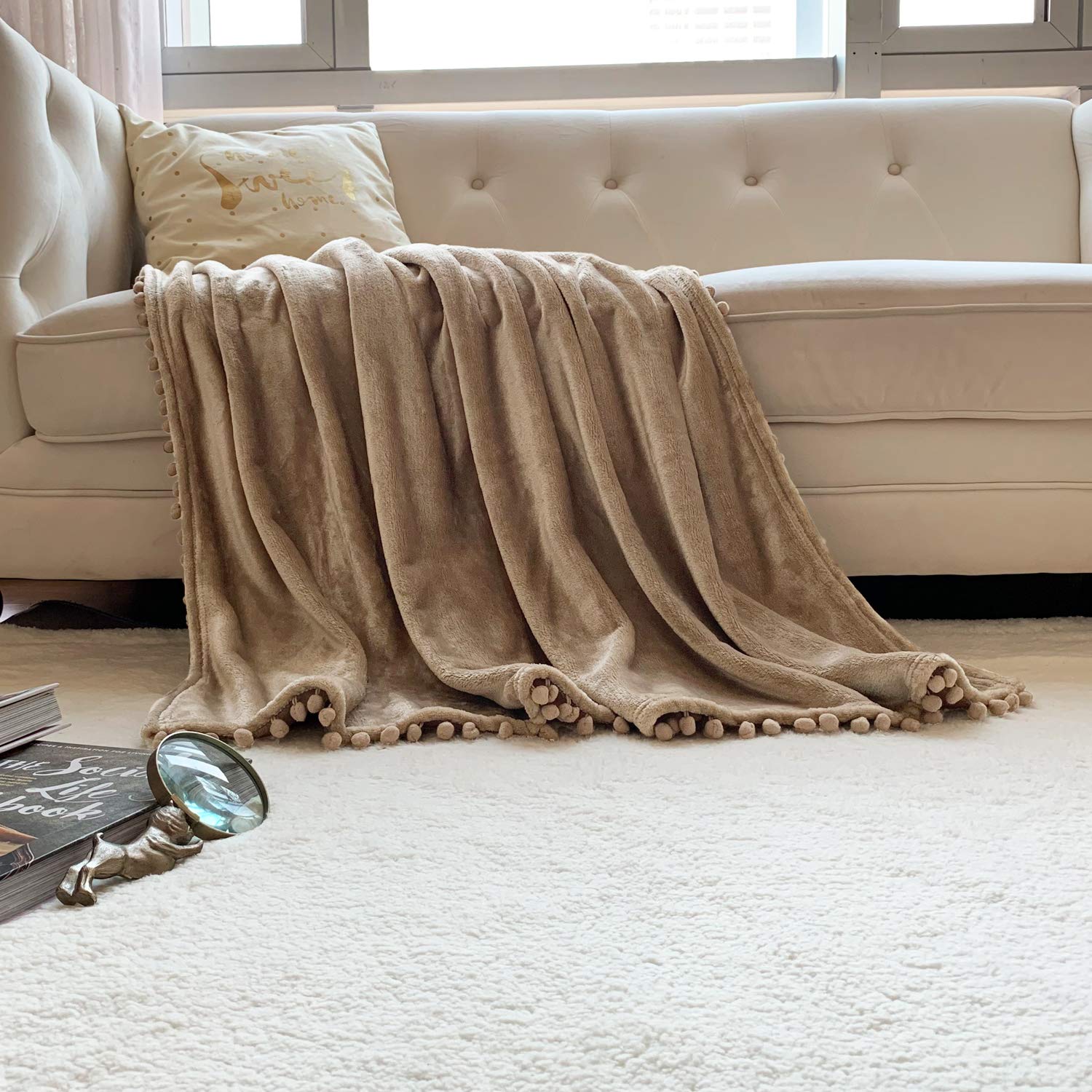 LOMAO Soft Flannel Blanket with Pompom Fringe - Lightweight & Cozy Throw Blanket for Bed, Couch, Sofa - All-Season Warmth (Khaki, 60''x80'') - Perfect for Lounging, Netflix Nights & Guest Bedrooms