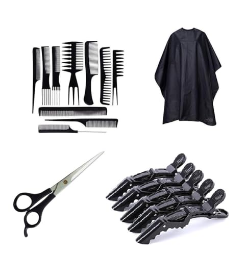 Scissor + 6 Hair Clip+ 10 Comb Set + Black Apron