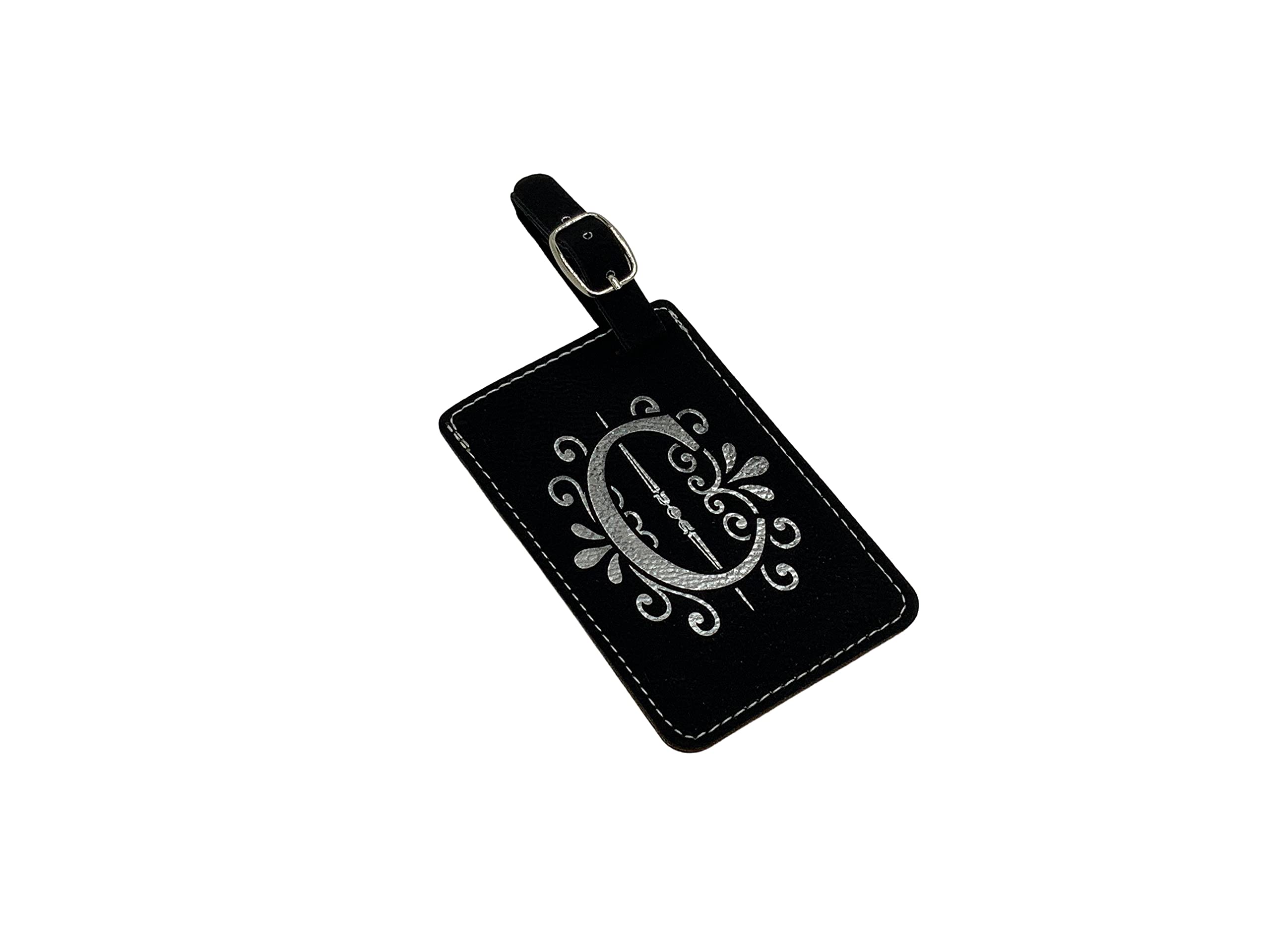 Personalized Monogram Luggage Tags - Floral Initials on Engineered Leather (Black, Letter C) - Perfect for Travel, Suitcase Identification & Gift Giving