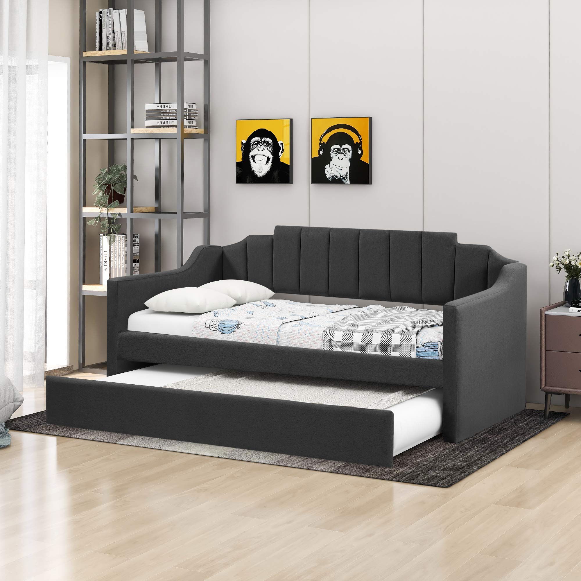 Autokola Twin Upholstered Daybed with Trundle - Convertible Sofa Bed with Wood Frame & Swooping Arms - No Box Spring Needed - Perfect for Guest Rooms, Small Spaces & Dorm Rooms