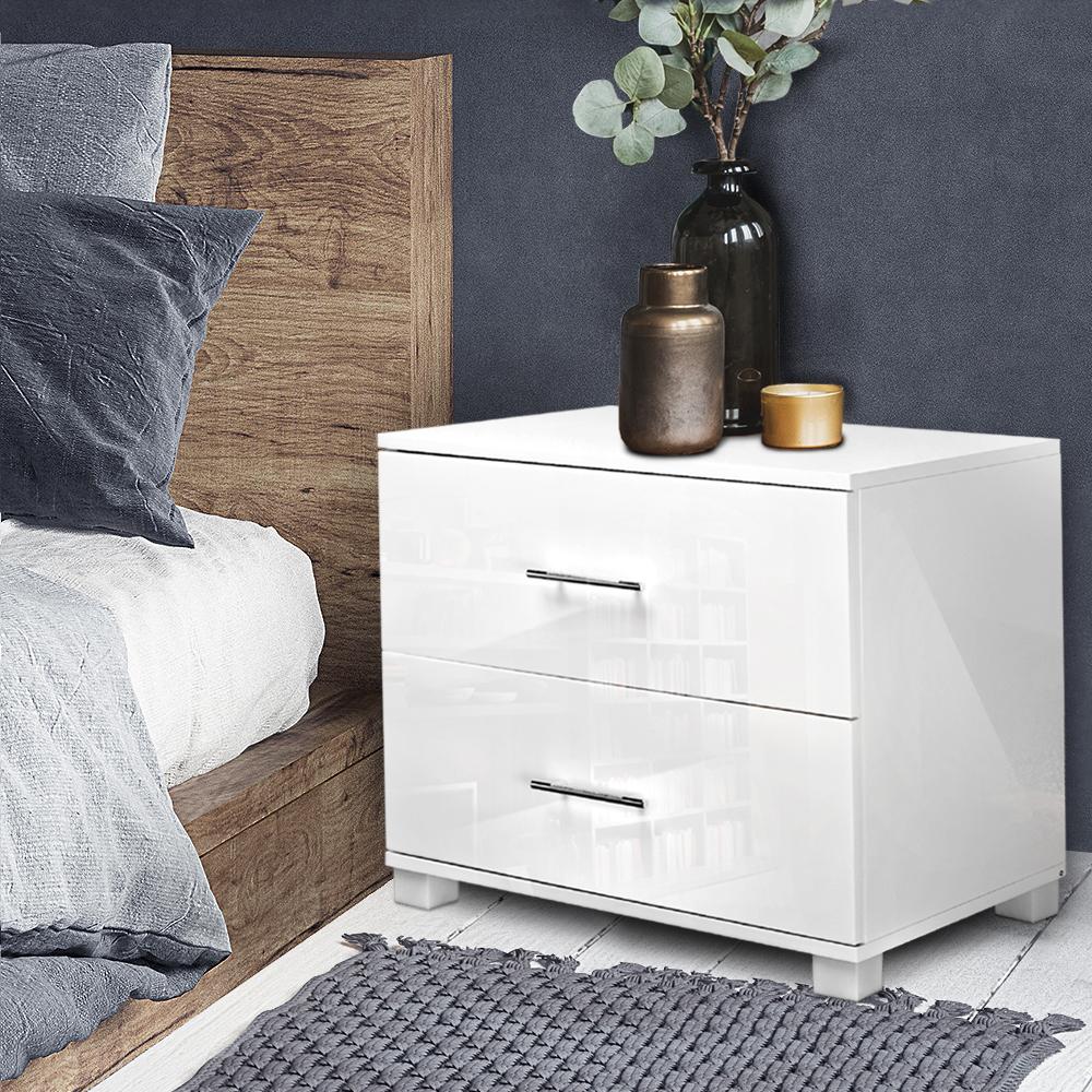 Modern White High Gloss Bedside Table with 2 Drawers - Nightstand for Bedroom, Living Room, or Office - Compact Storage Furniture with Smooth Finish